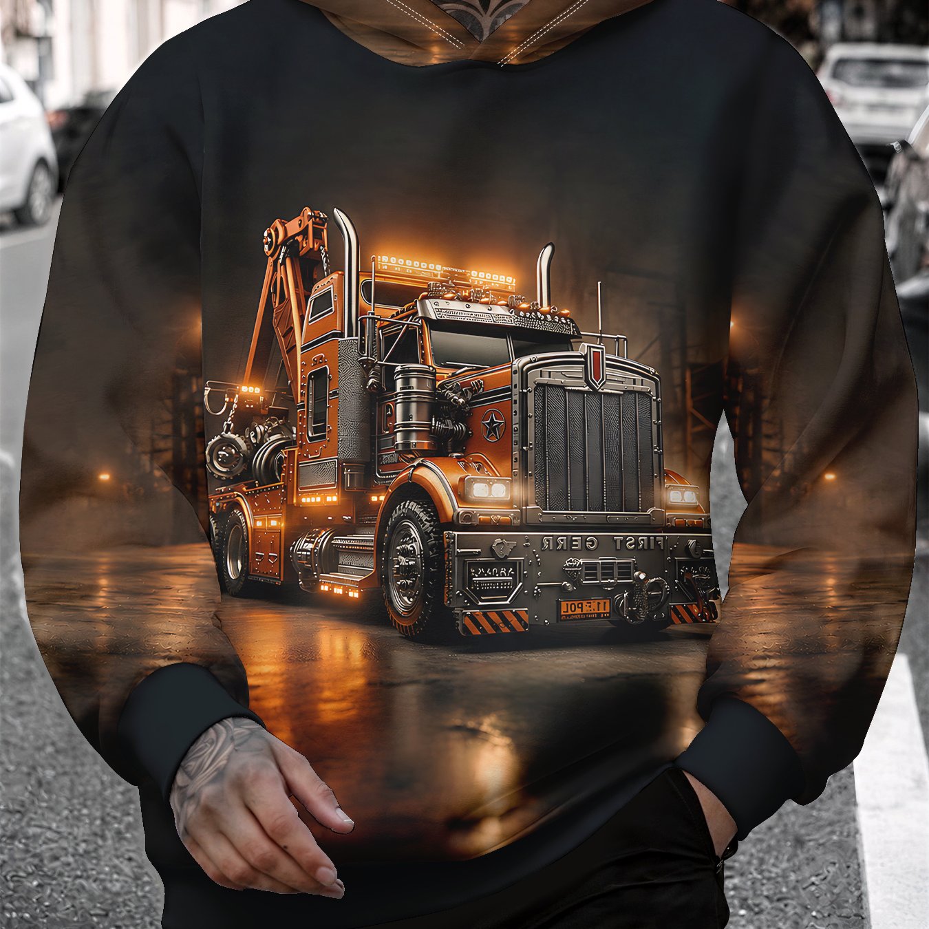 TEMU Men's 3d Print Hoodie With Realistic Night Scene Print Of American Heavy-duty Trucks, Hoodie From Featuring And Versatile Matching, Breathable