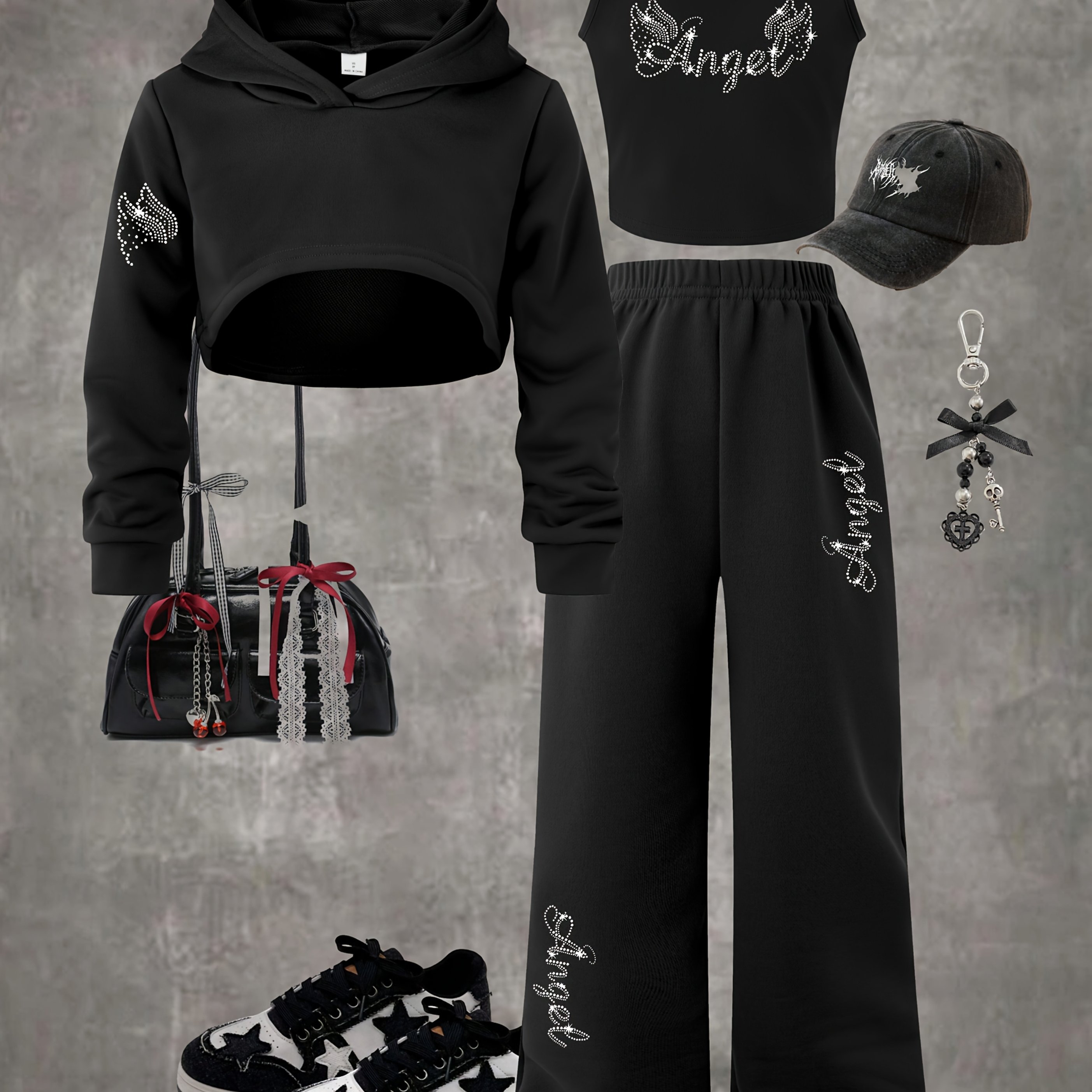 Image of P9356(g18) 3pcs Set For Big Girls: Long-sleeve Hooded Cropped Sweatshirt, Tank Top, And Long Pants, Casual Fashion Sportswear For Outdoor Activities, Perfect For Outdoor