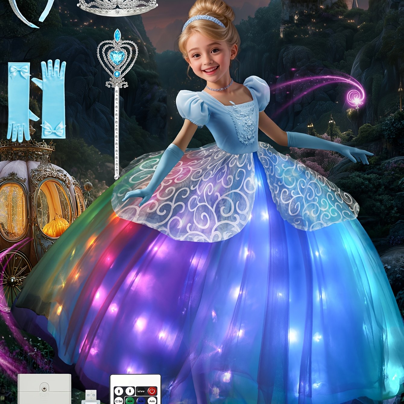 TEMU Light Up Princess Dress + Multiple Accessories Wireless Led Multiple Lighting Party Costume Birthday Outfit Christmas Halloween Graduation Ball