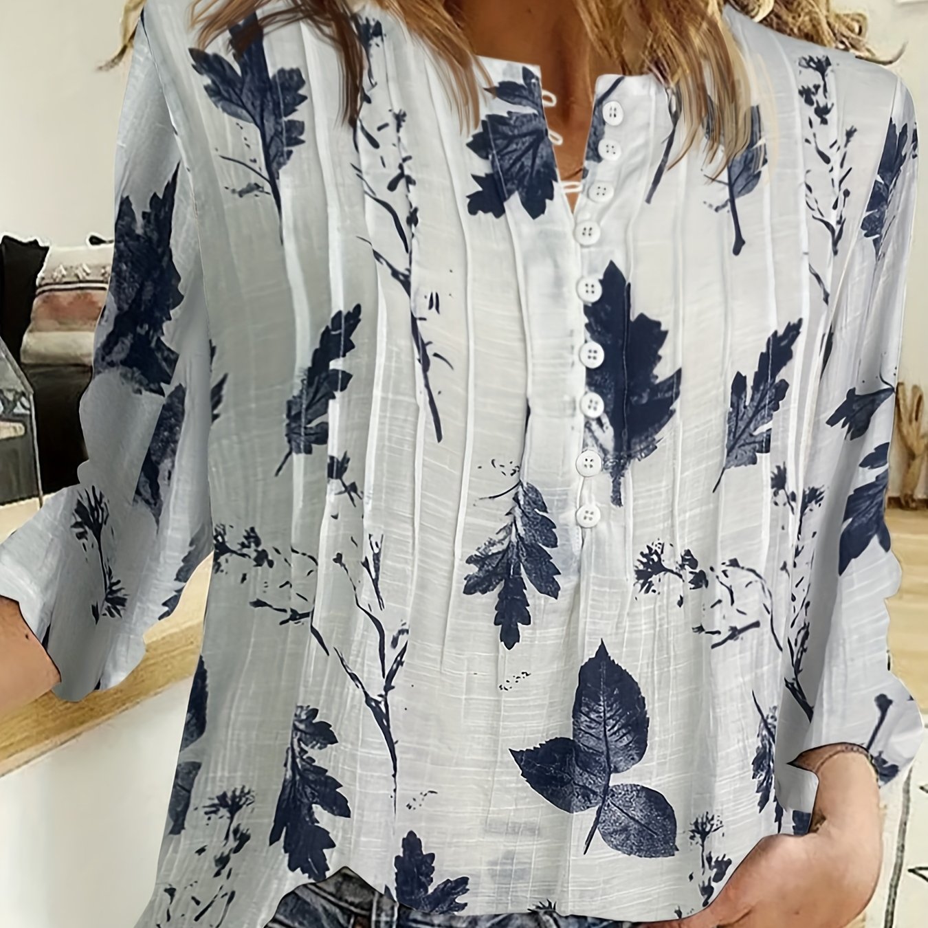TEMU Blouse à col en V, manches mi-longues, avec liseré et patte de boutonnage
