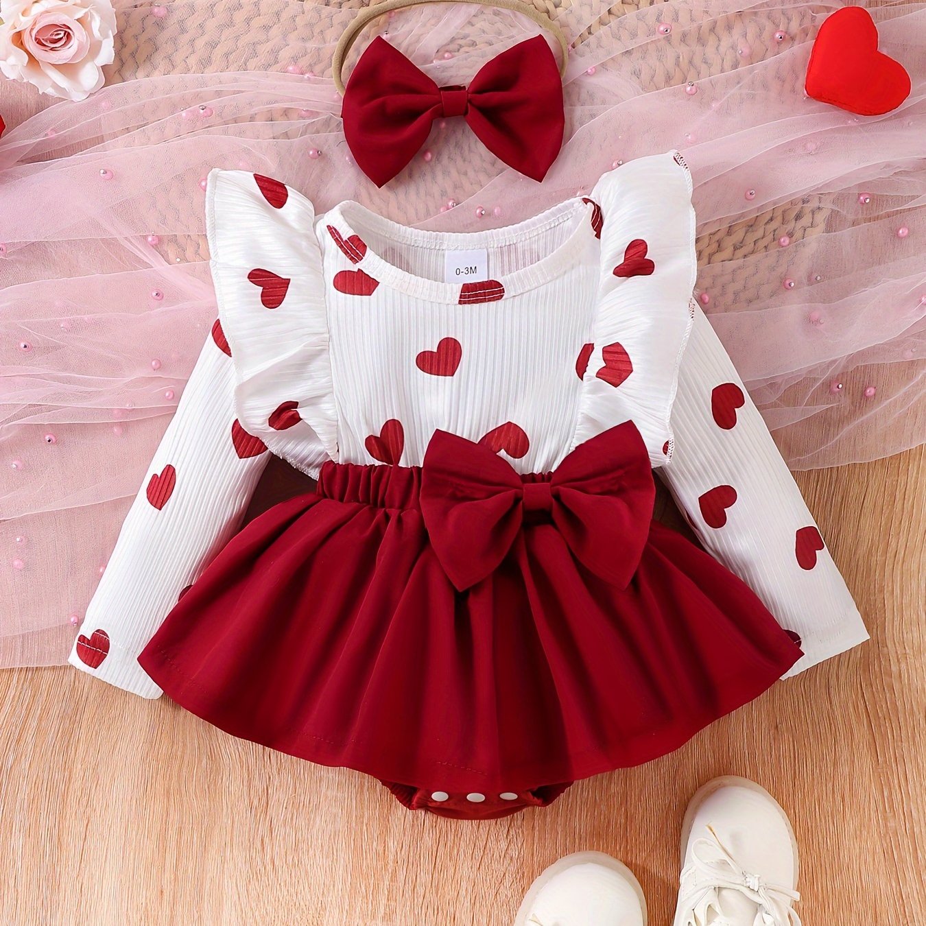 P100996 Baby Girl Heart Print Dress, With Bow-embellished Skirt, Bodysuit And Headband, For Outdoor