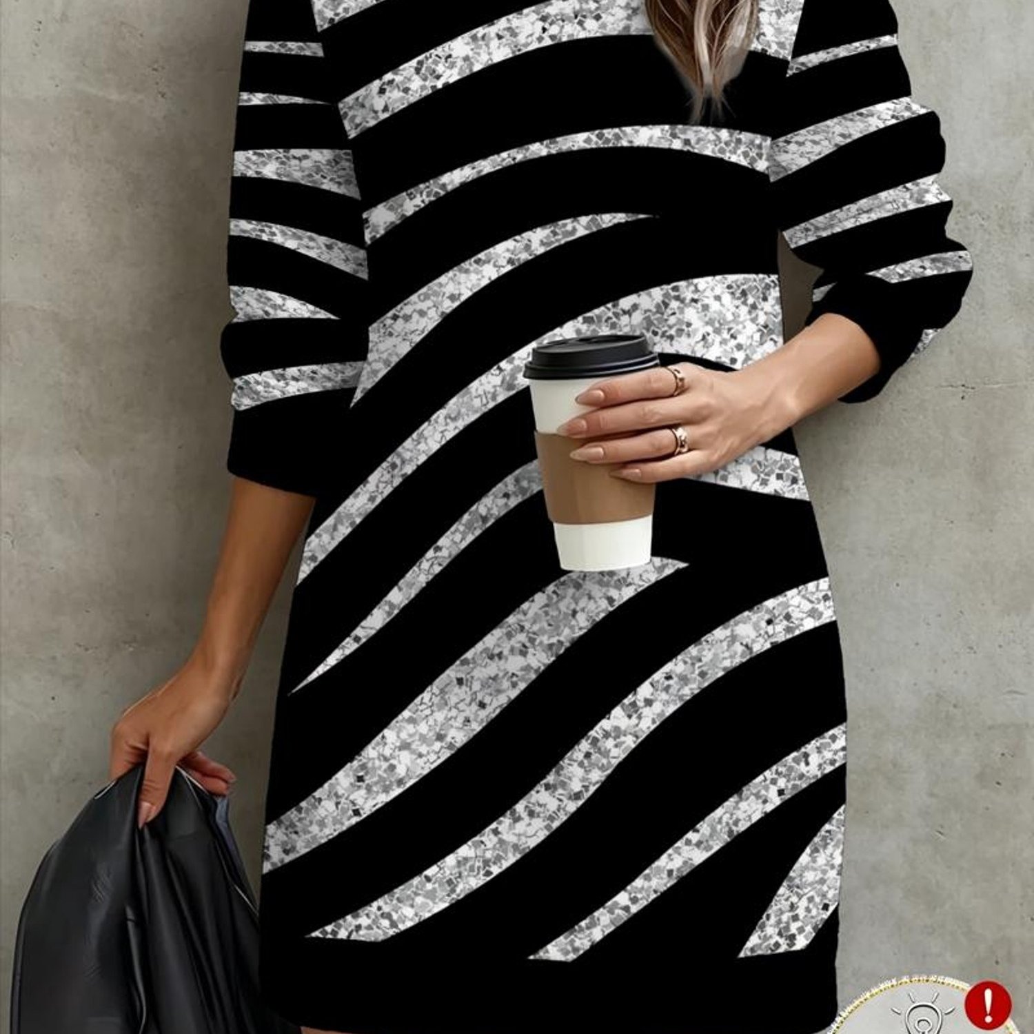 TEMU Women's Fashion Sweatshirt With , Silvery Glitter Particles, Diagonal Wavy Stripe Print, Loose Fit