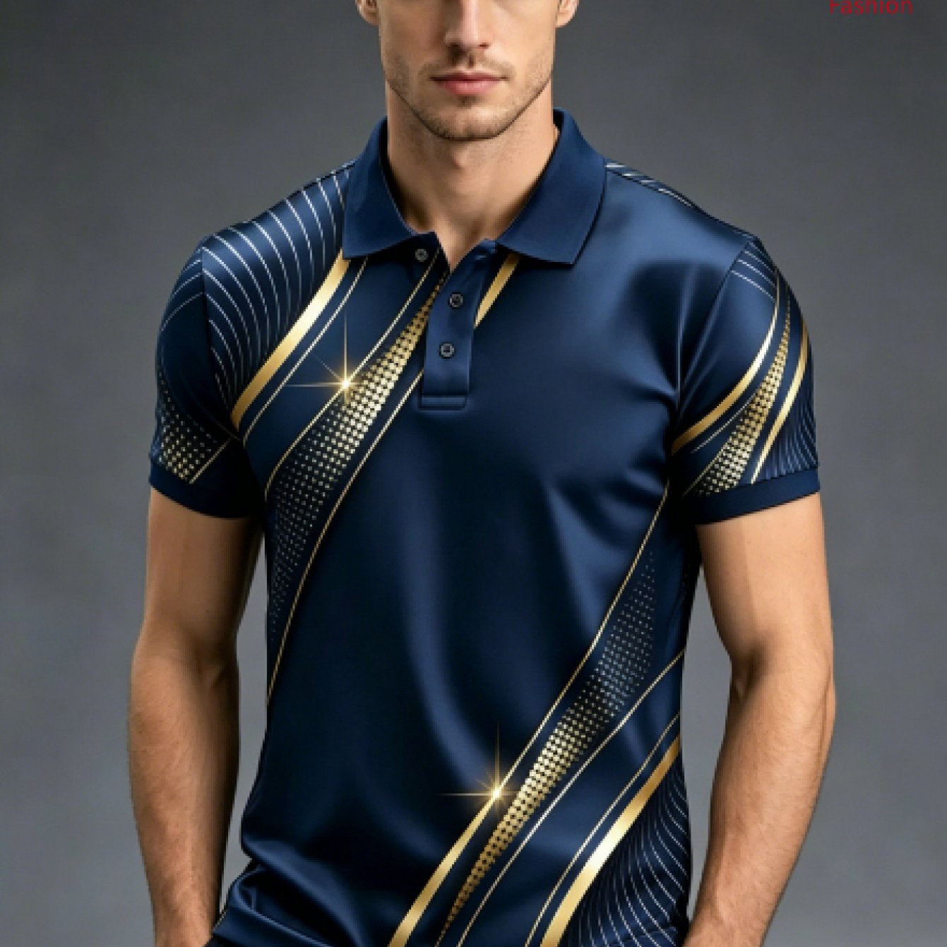 TEMU [print Design-not Texture] Plus Size Men's Short Sleeve Shirt, Light Luxury Navy Golden Twill Shiny Men's, Print Lapel Short Sleeve Casual Top