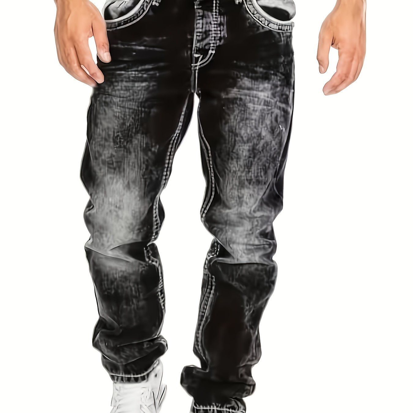 TEMU [] Vintage Snow Washed Black-grey Men's Casual Jeans, New Autumn , Hand-faded Whisker Detailing With , 3d Tailoring, Mid-rise, Slim Fit Straight
