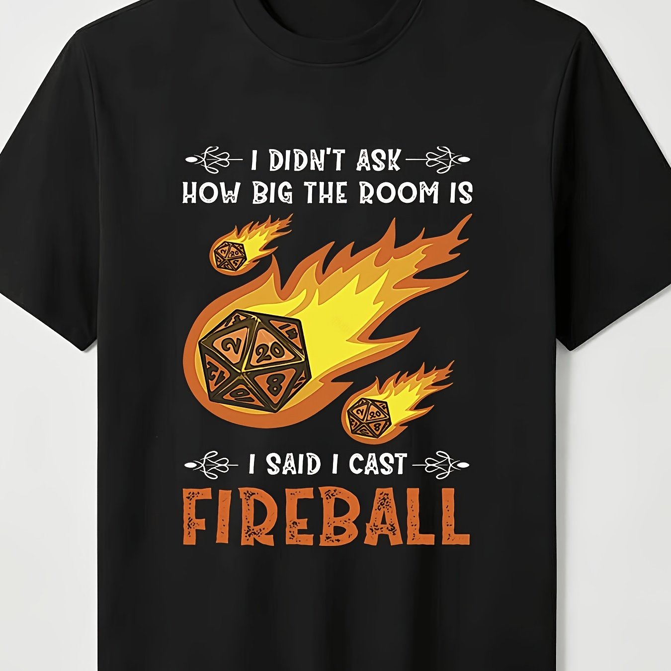 TEMU Men's "i Cast " Dd Graphic T-shirt - Soft Crew Neck Tee With D20 Dice Flame Design, Regular Fit , Suitable For , , Gaming Apparel