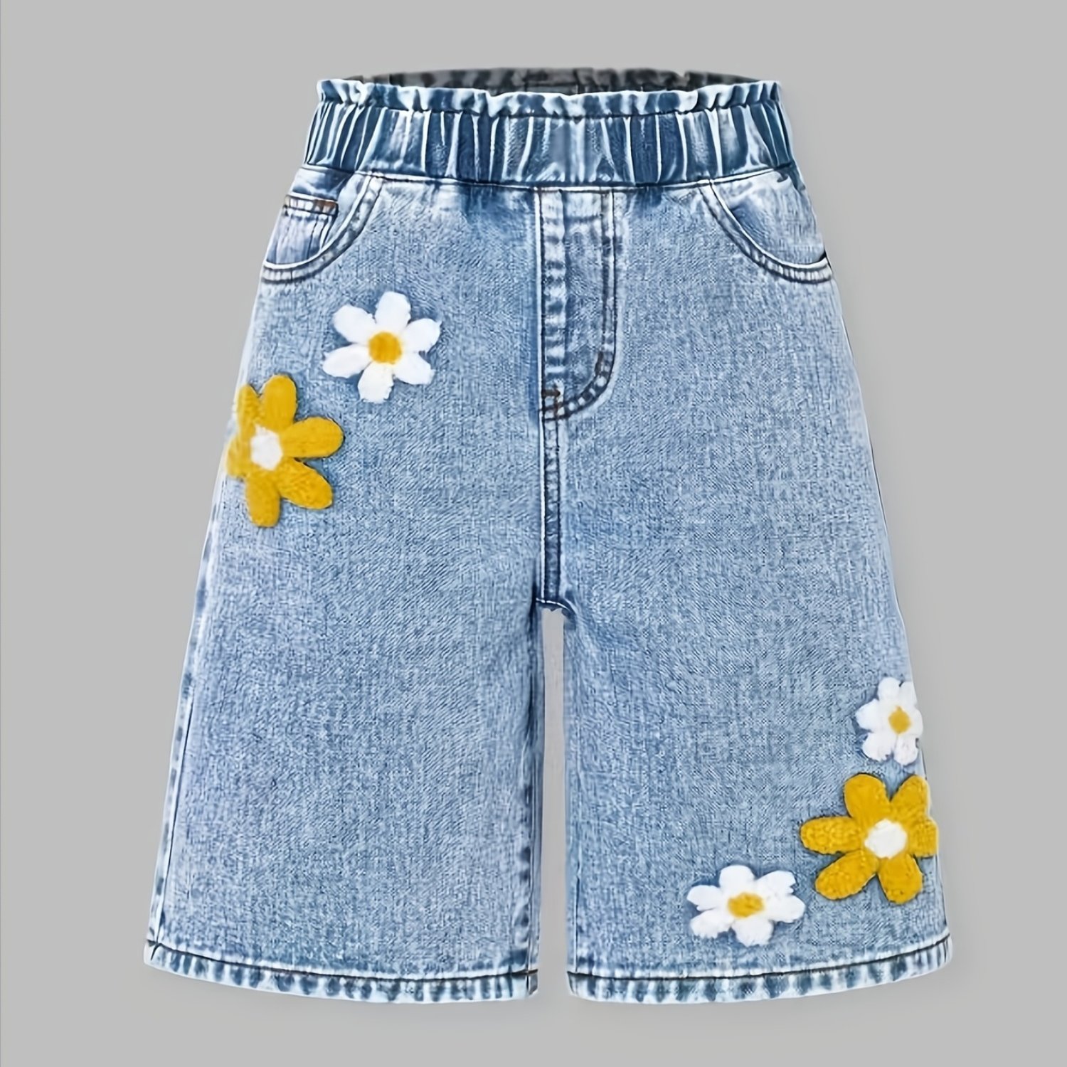 Image of Girls' Denim Jeans. Fashionable 3d Towel Embroidered Jeans Shorts, Sweet Vintage Trendy Loose Waist Jeans For Girls' Daily Wear, Trousers, Suitable For Multiple Occasions. Holiday Clothing
