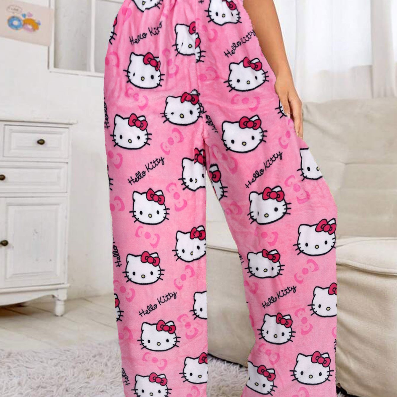 Hello Kitty Y2k Kawaii Anime Flannel Pajamas Women's Warm Cartoon Pants Autumn Trousers