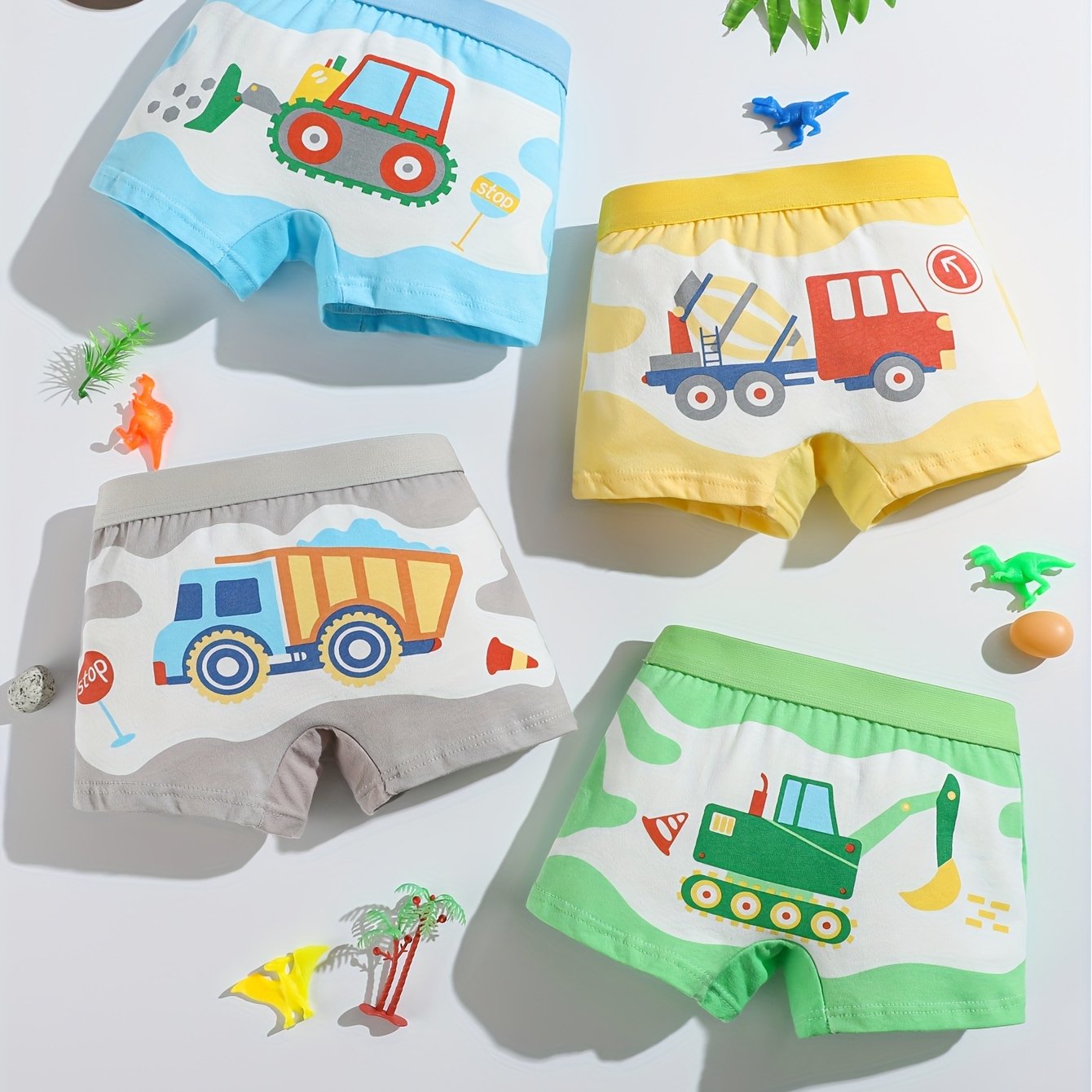4pcs Boys' Boxer Briefs With Cartoon Construction Vehicle Print, Stretchy And Breathable
