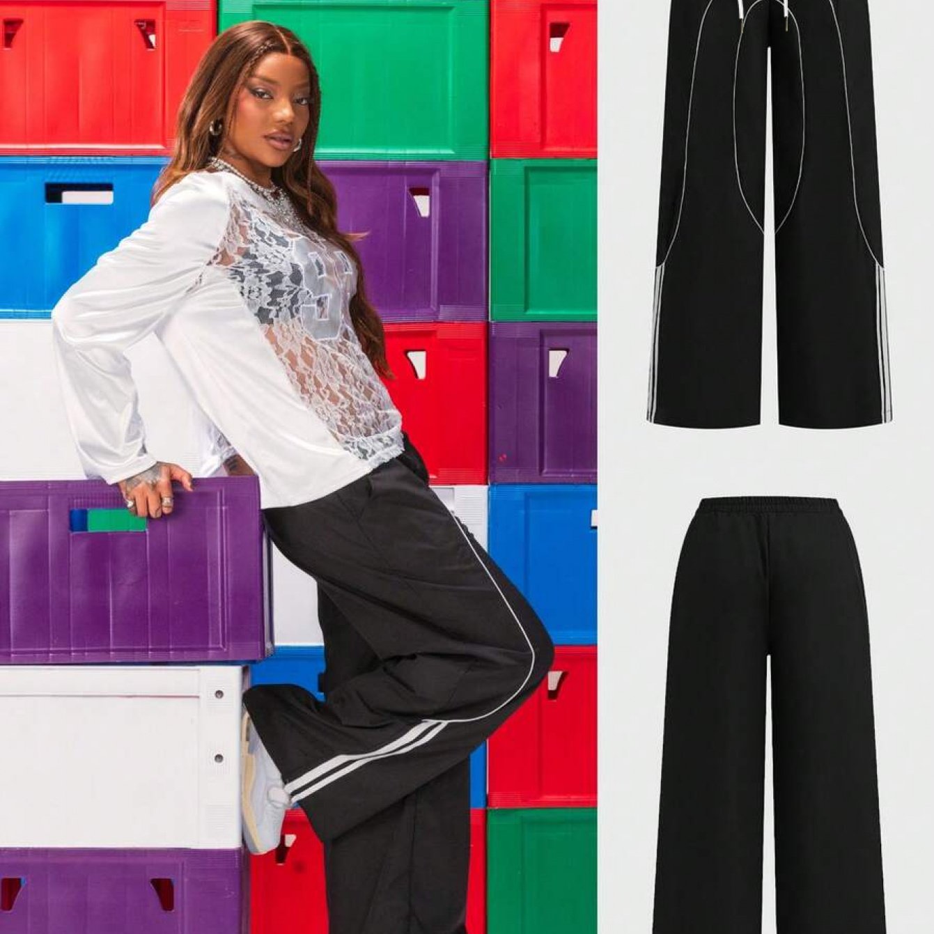 TEMU Plus Size Tape Black Wide Leg Sweatpants Joggers