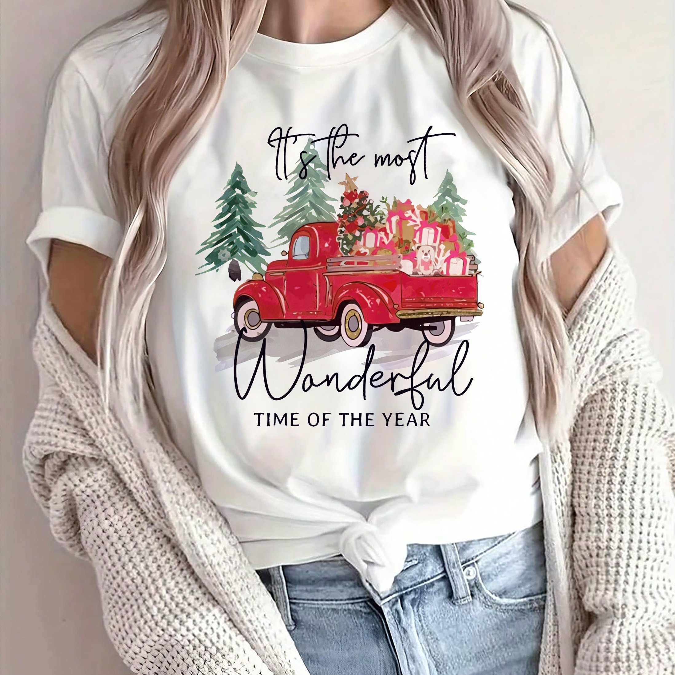 Image of Christmas Letter Slogan Christmas Tree Gift Decoration Car Graphic Breathable Print Round Neck Short Sleeve Christmas T-shirt Casual S Shirt New Women's Holiday Gift Top Short Sleeve
