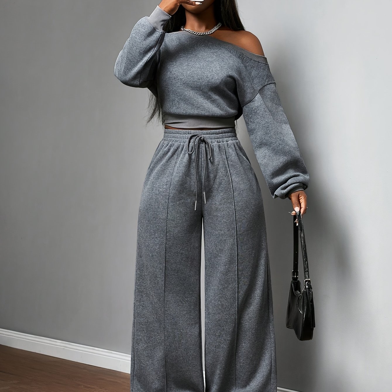 TEMU Women's 2pcs Set: Fashionable Off-shoulder Slant Collar Sweatshirt Casual Outfit, Cropped Off-shoulder Crop Top With And Long Sleeves  
