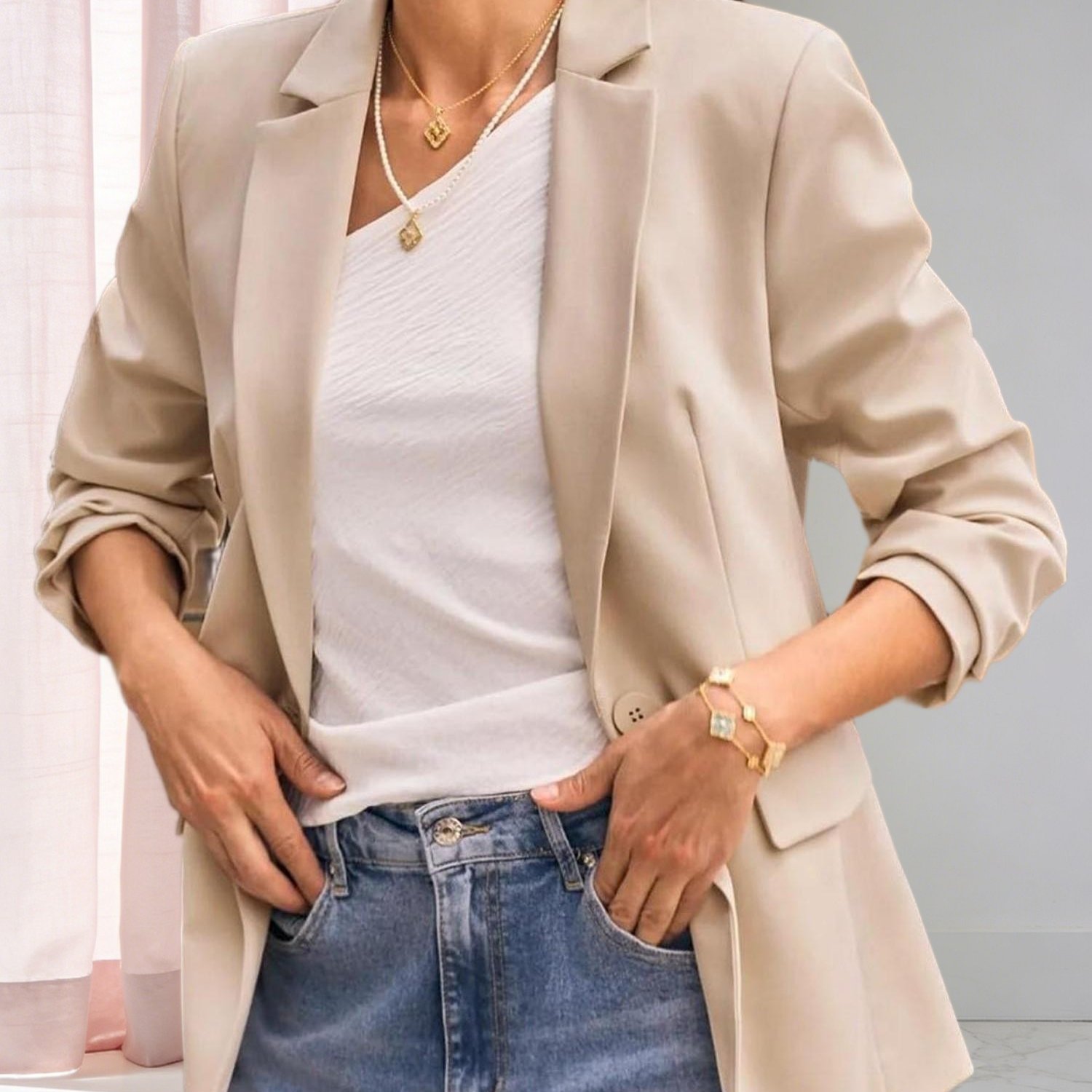 Women's Casual Blazer Jacket | Open Front Long Sleeve Solid Color Work Office Business Casual Coat, Rayon, Loose Fit, Single Button