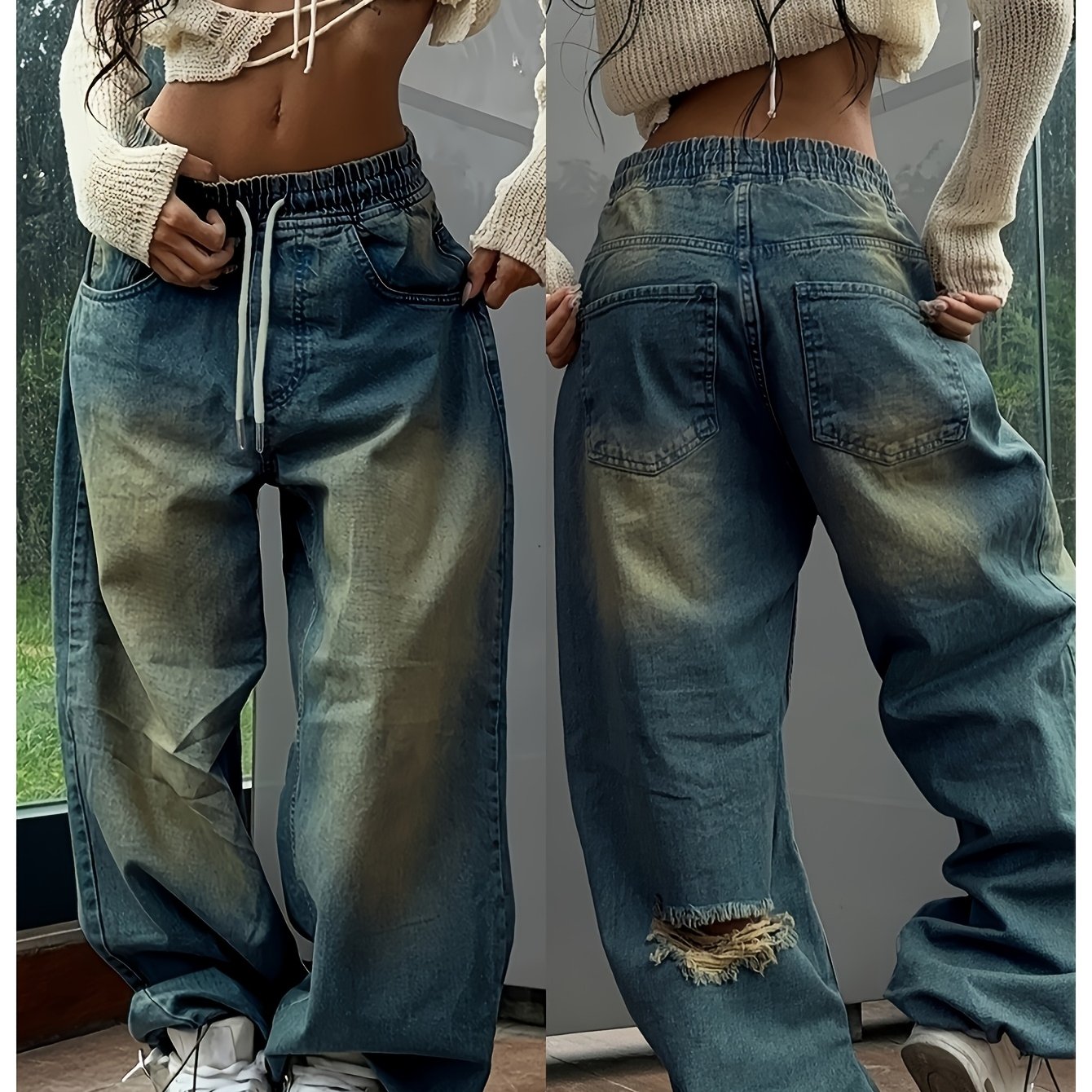 Vintage Elastic Waist Jeans With Adjustable Drawstring And Versatile Cuffs