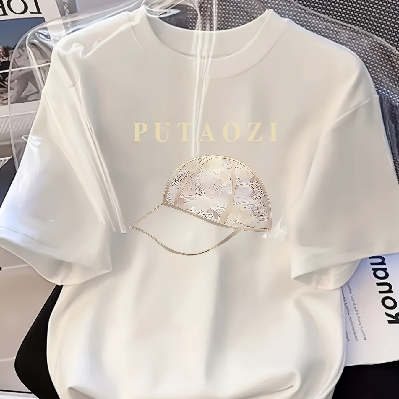 Image of Women's Casual Short Sleeve T-shirt With Geometric Cap Print - / Elastane Blend, Breathable Round Neck Summer Top, Machine Washable Lightweight 180gsm Fabric For Everyday Casual Wear