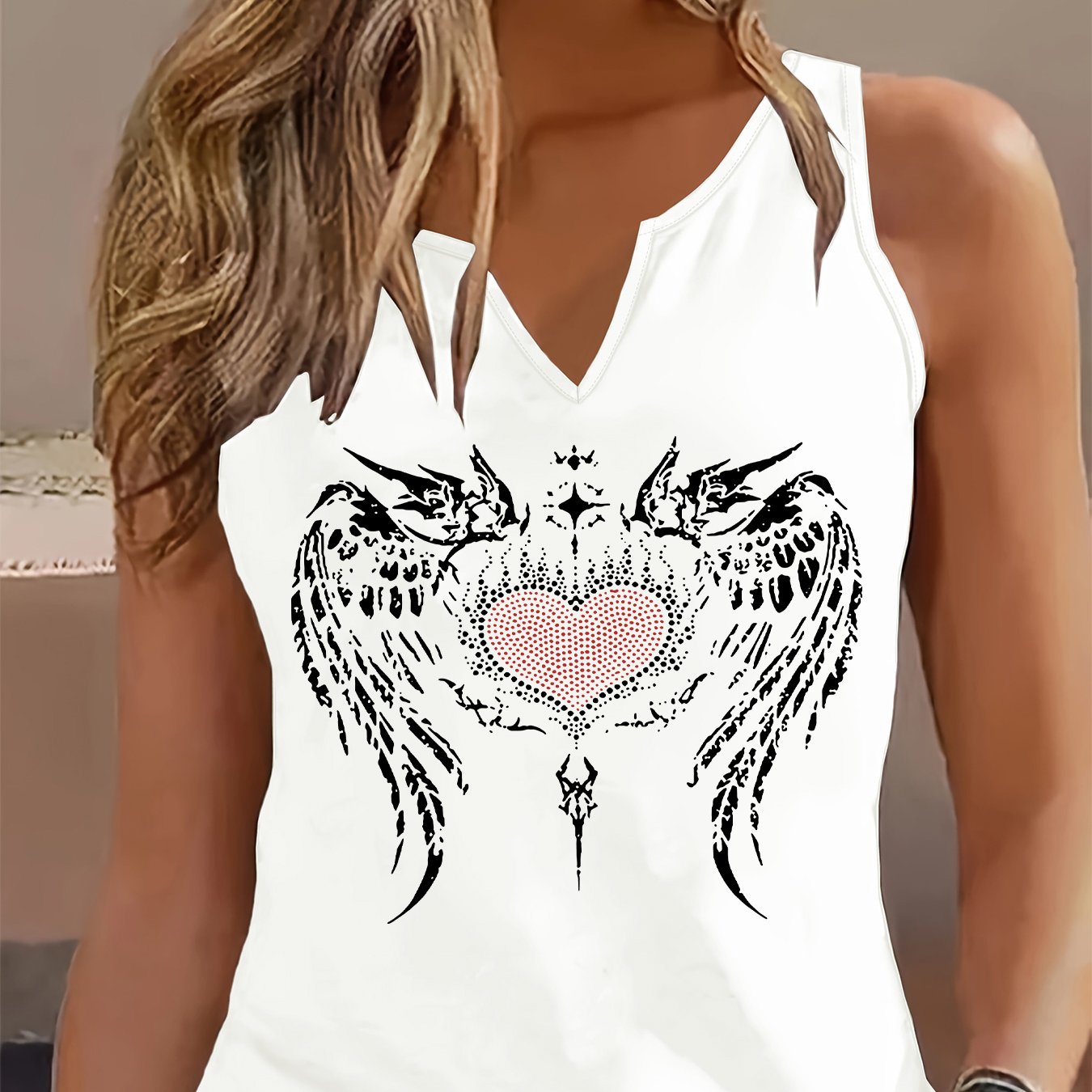 TEMU Fashionable Women's Tank Top With A Refreshing Design, Featuring A V-neck And Sleeveless Style, With Heart And Wing Prints, Perfect For Casual