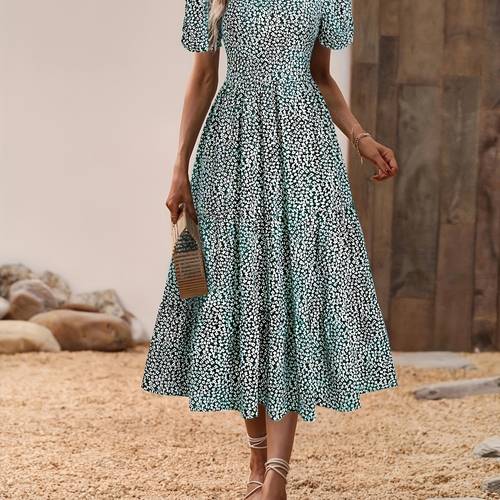 lightweight design elegant floral midi dress with puffed sleeves chic square neck lightweight polyester blend summer vacations
