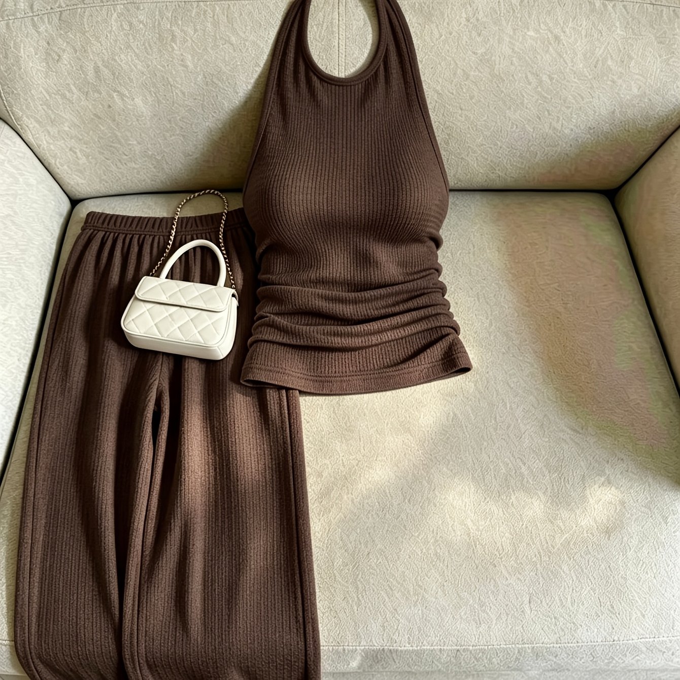 TEMU Women's Casual Commuter Suit, Dark Brown Textured Halter Top And High-waist Wide-leg Pants 2pcs Set, Suitable For Spring/autumn Daily Wear