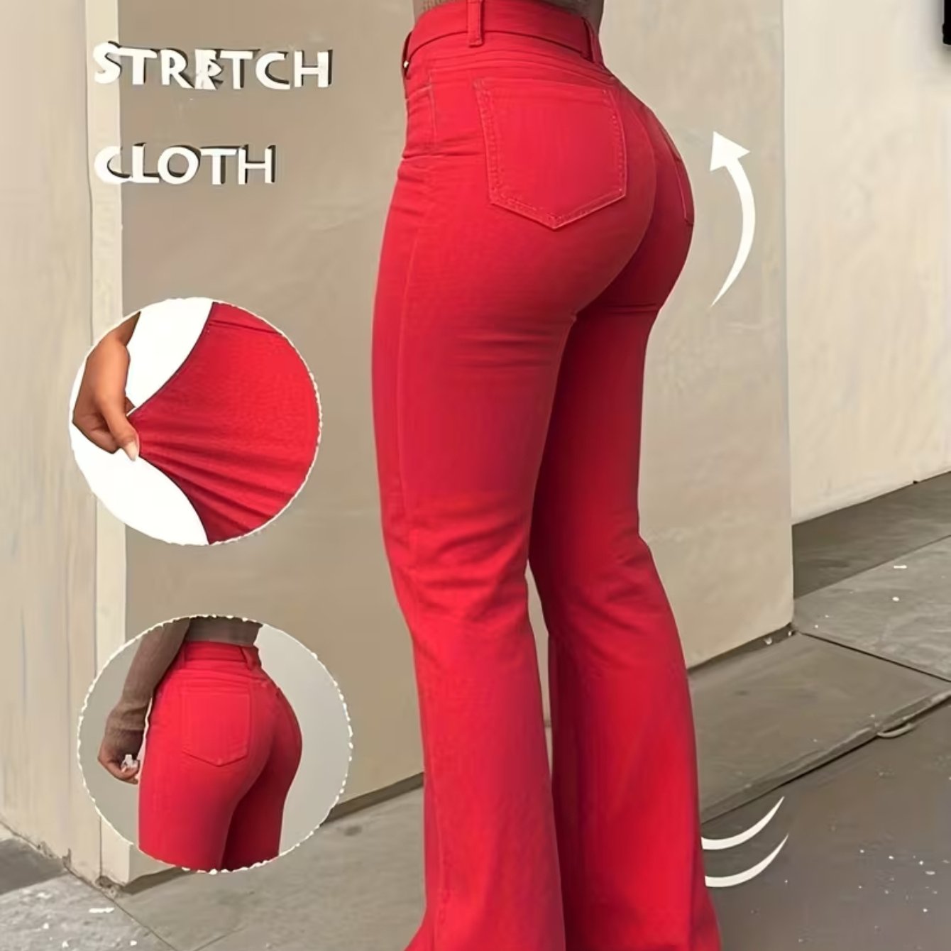 TEMU Women's High-waist Flare Jeans -stretch Denim Bell Bottoms Withpockets, Vibrant Red, Comfortable & Stylish For