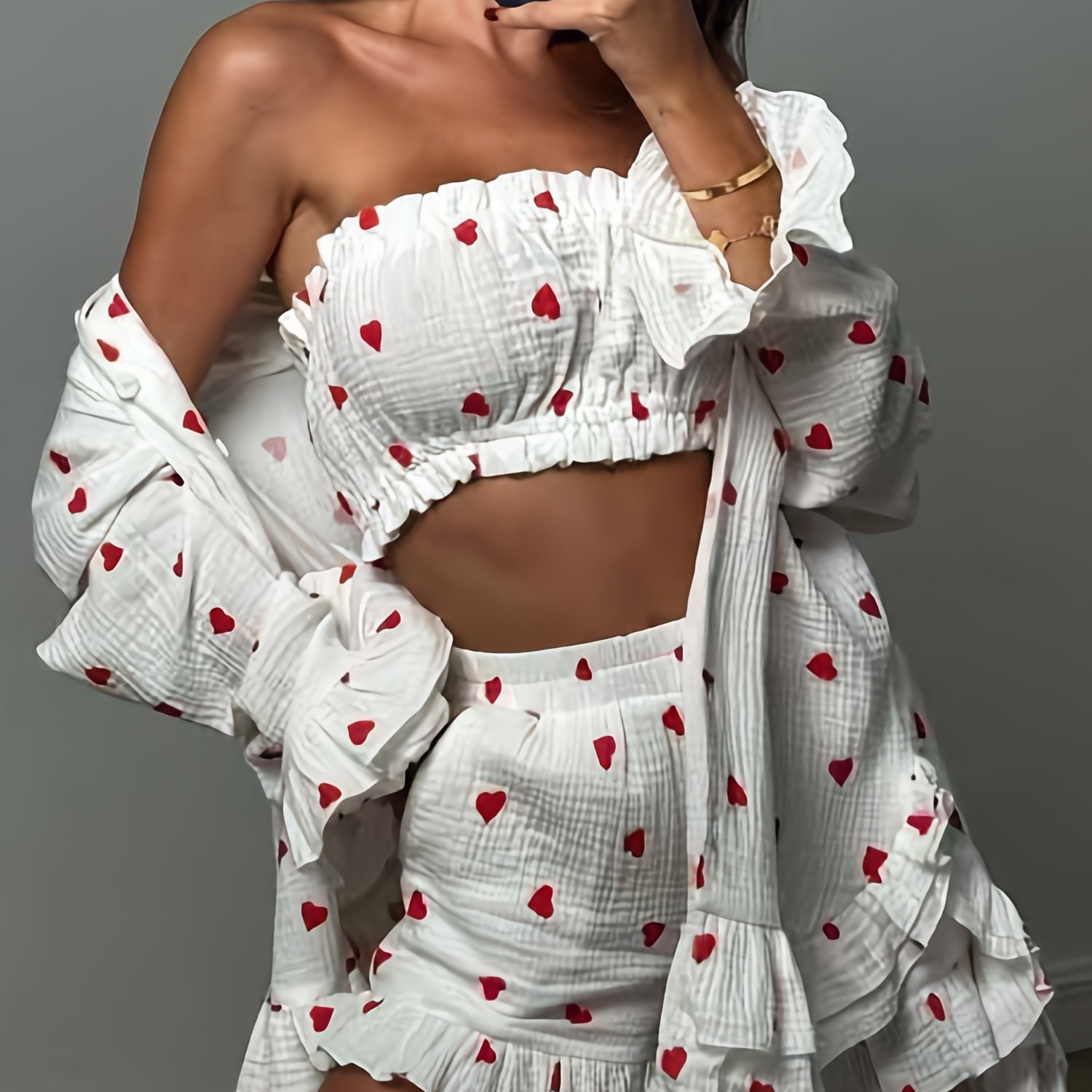 Soft And Comfortable Three-piece Set With Heart Print Valentine's Top And Shorts