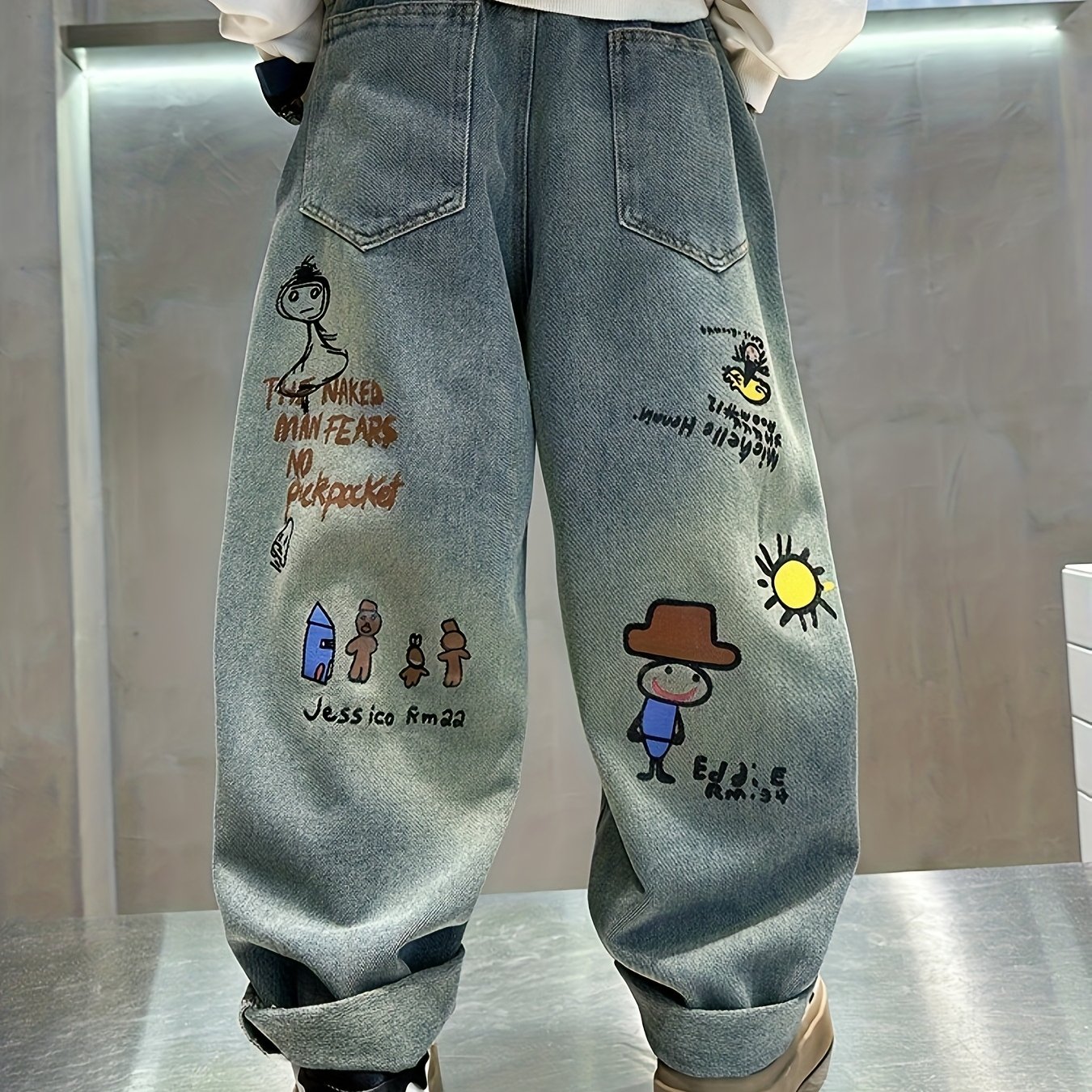 Image of Boys' Cartoon Jeans - Elastic Waist, Wide-leg Denim Pants For Spring & Fall Outdoor Activities