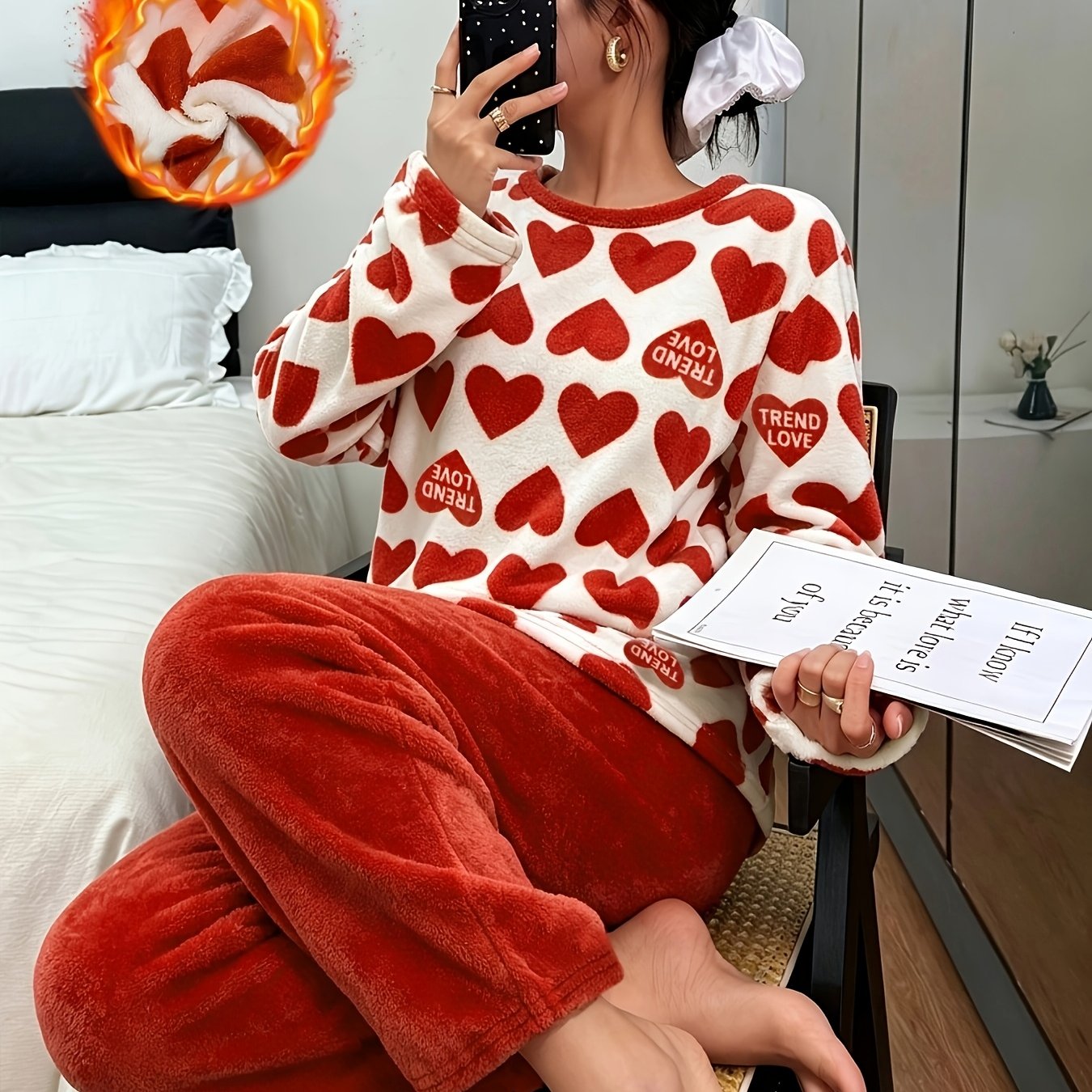 Autumn Winter Thickened Heart Print Flannel Warm Comfortable Anti-static Pajamas Women's