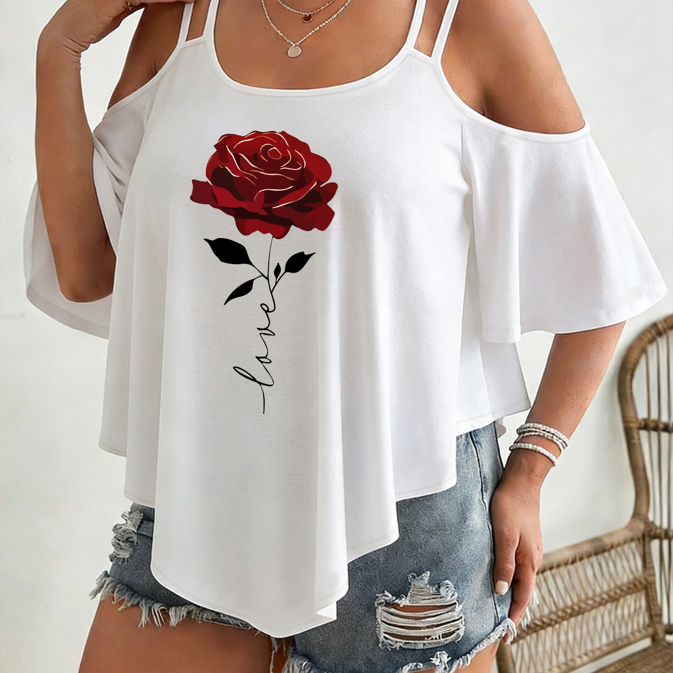 TEMU Plus Size - Women's Plus Size Off-shoulder Curved Hem T-shirt, Mother's Day Gift, Vacation Women's Clothing, Concert Women's Summer Top