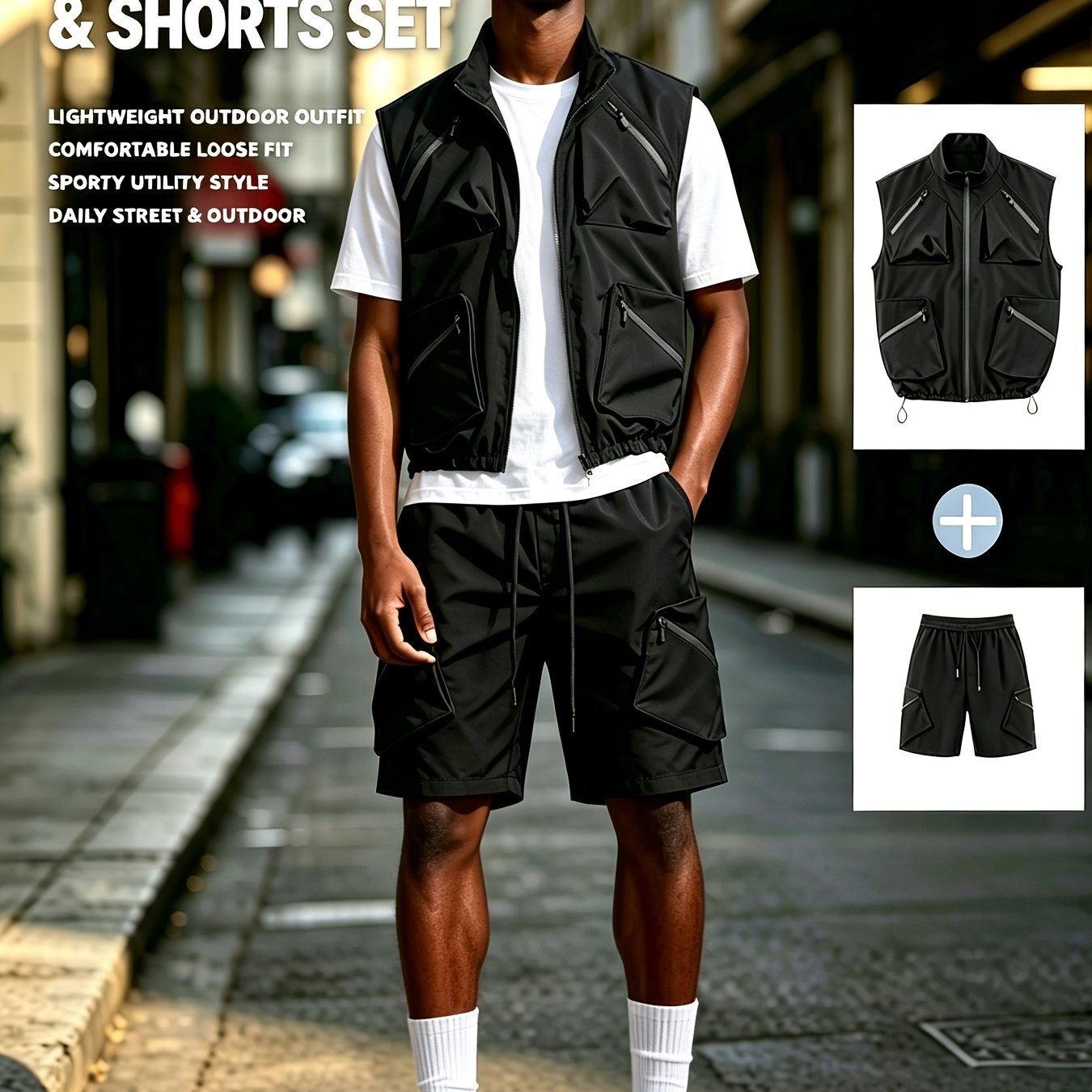 TEMU 2-piece Set | Men's | Black Quick-dry Breathable Lightweight Functional Fabric | Stand Collar Work Vest And Shorts Set | Multi-zipper Work