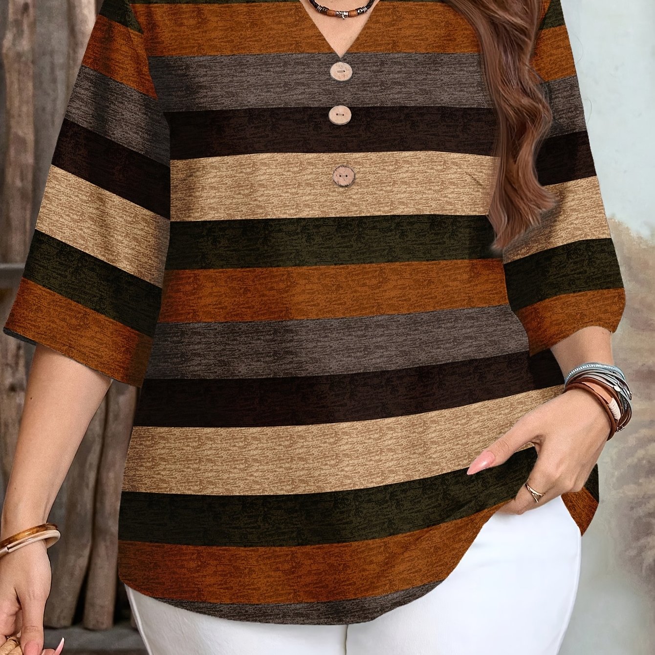 TEMU Women's Elegant Striped Print Shirt With Three-button V-neck Pullover, Spring/summer Casual Loose Blouse Top