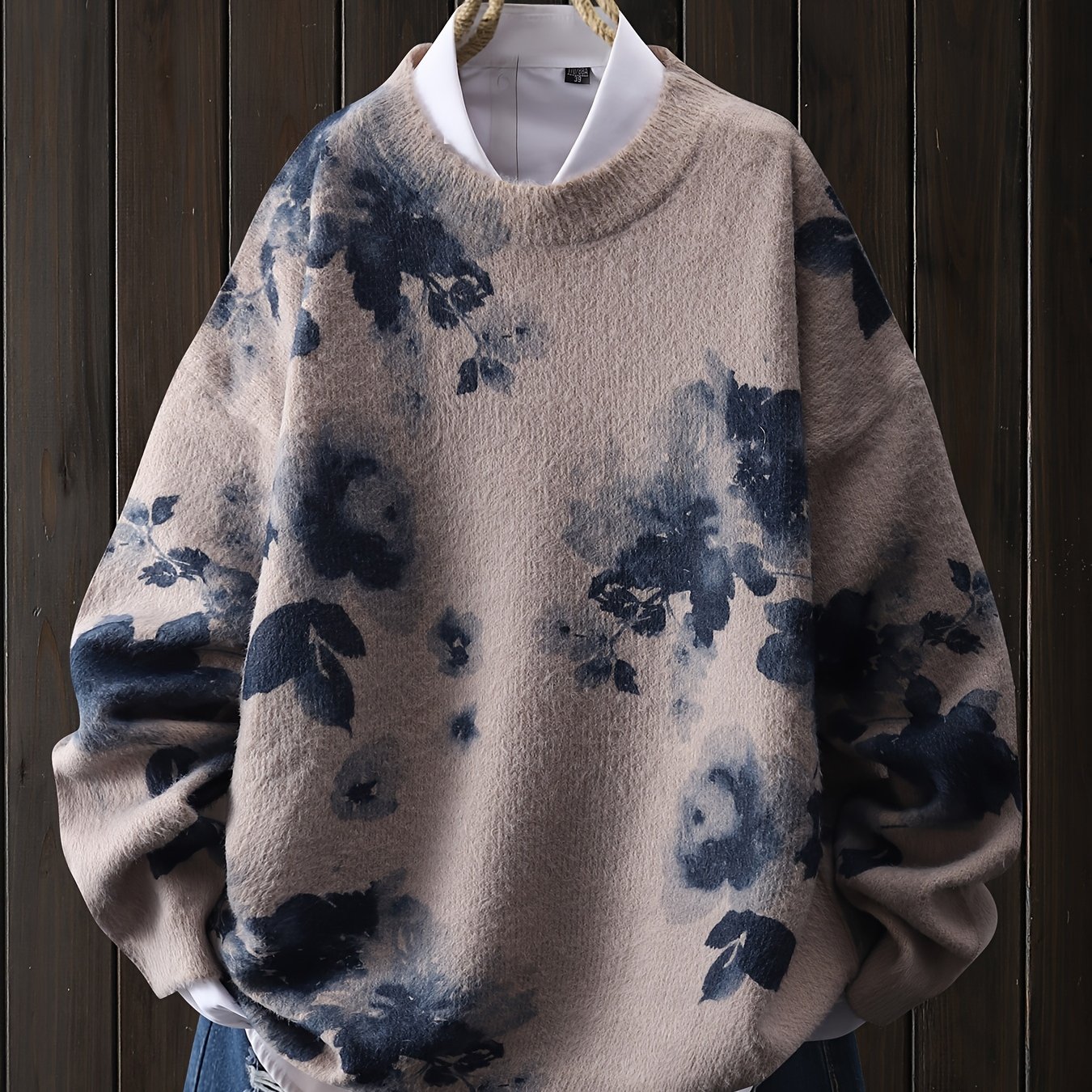 Image of Ink Wash Style Floral Pattern, Blue Floral Ink Wash Design, Pullover, Casual Round Neck Long Sleeve Top, Women's Clothing