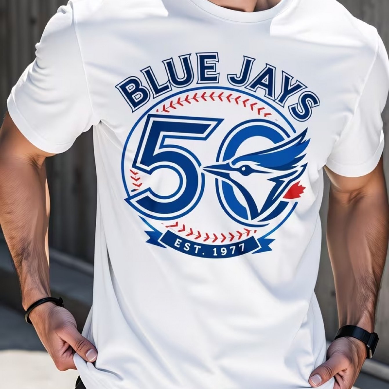 TEMU Men's Jays 50th Anniversary Logo T-shirt - Vintage Baseball Style, For Sports Fans, Casual Crew Neck Tee With Jays Logo Print, Machine Washable,