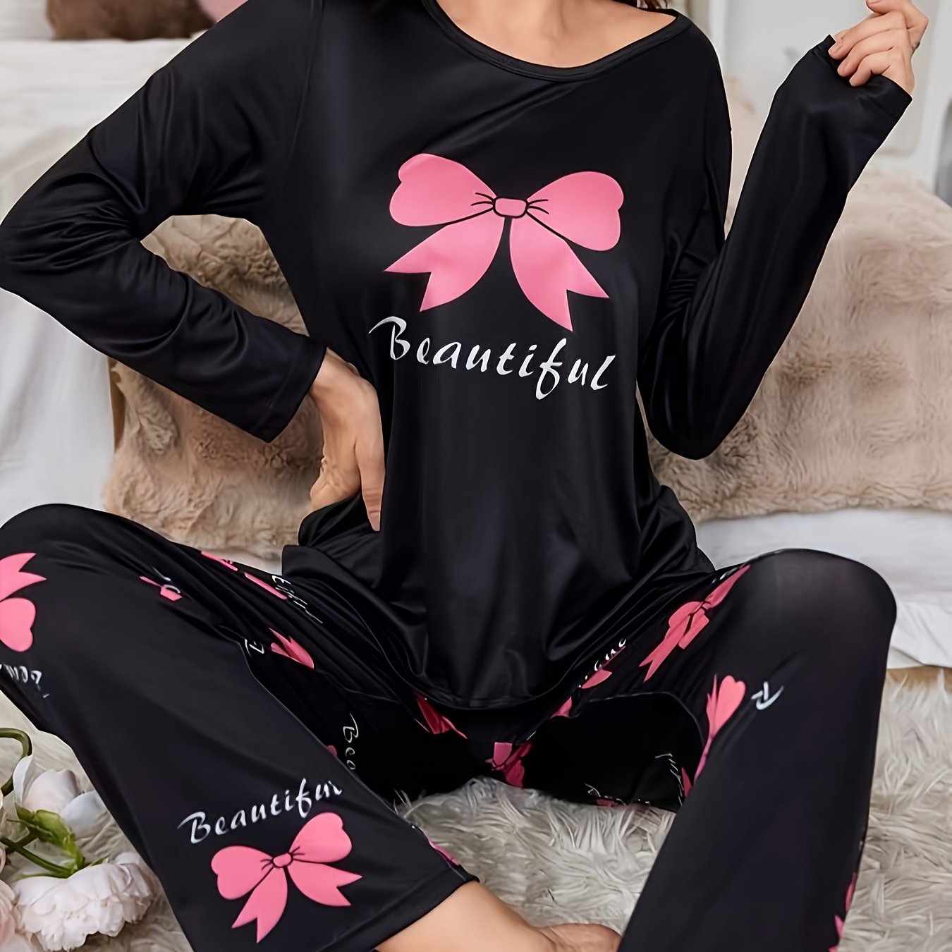 TEMU Women's Pajama Set Two-piece Letter Print Long Sleeve And Long Pants, Suitable For Spring/summer, Loose Fit Clothing | Elegant Design | Fabric |