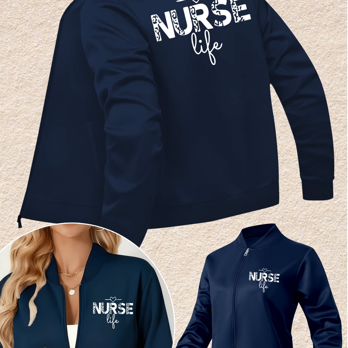 TEMU 1pc Women's Navy Blue Nurse-themed Jacket With Symbols & "nurse Life" Back Print - Zip-up Coat For Nursing & Healthcare Professionals, Casual