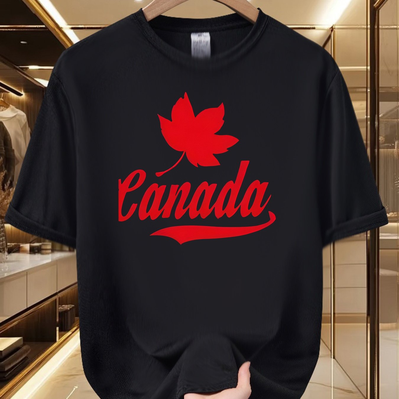 TEMU T-shirt Feuille d'érable du Canada - Imprimé Feuille d'érable rouge Col rond Polyester Décontracté T-shirt d'été Adapté à l'habillement fier du