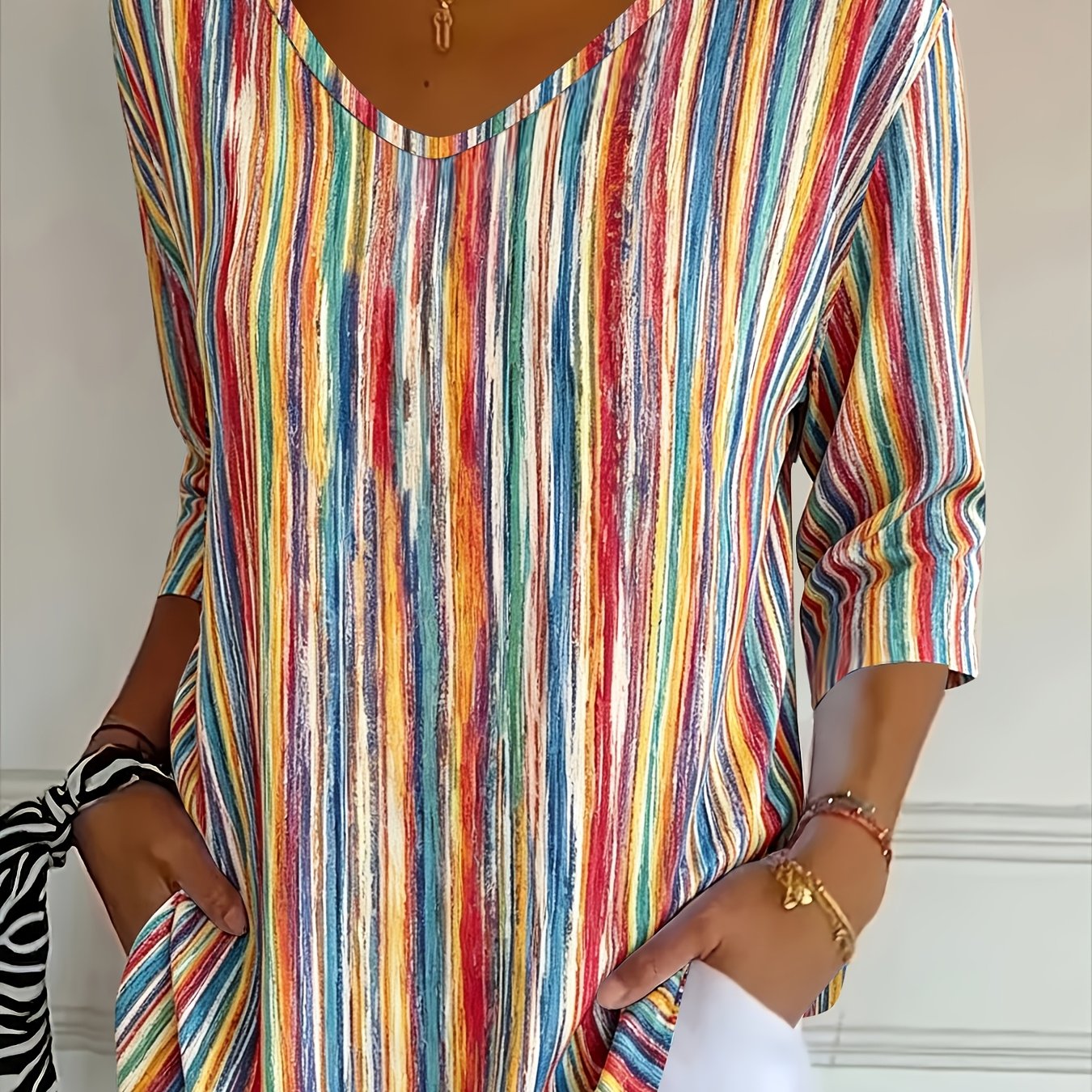 TEMU Western Casual Fashion Holiday New Women's Regular Fit Striped Print 3/4 Sleeve V-neck T-shirt Top