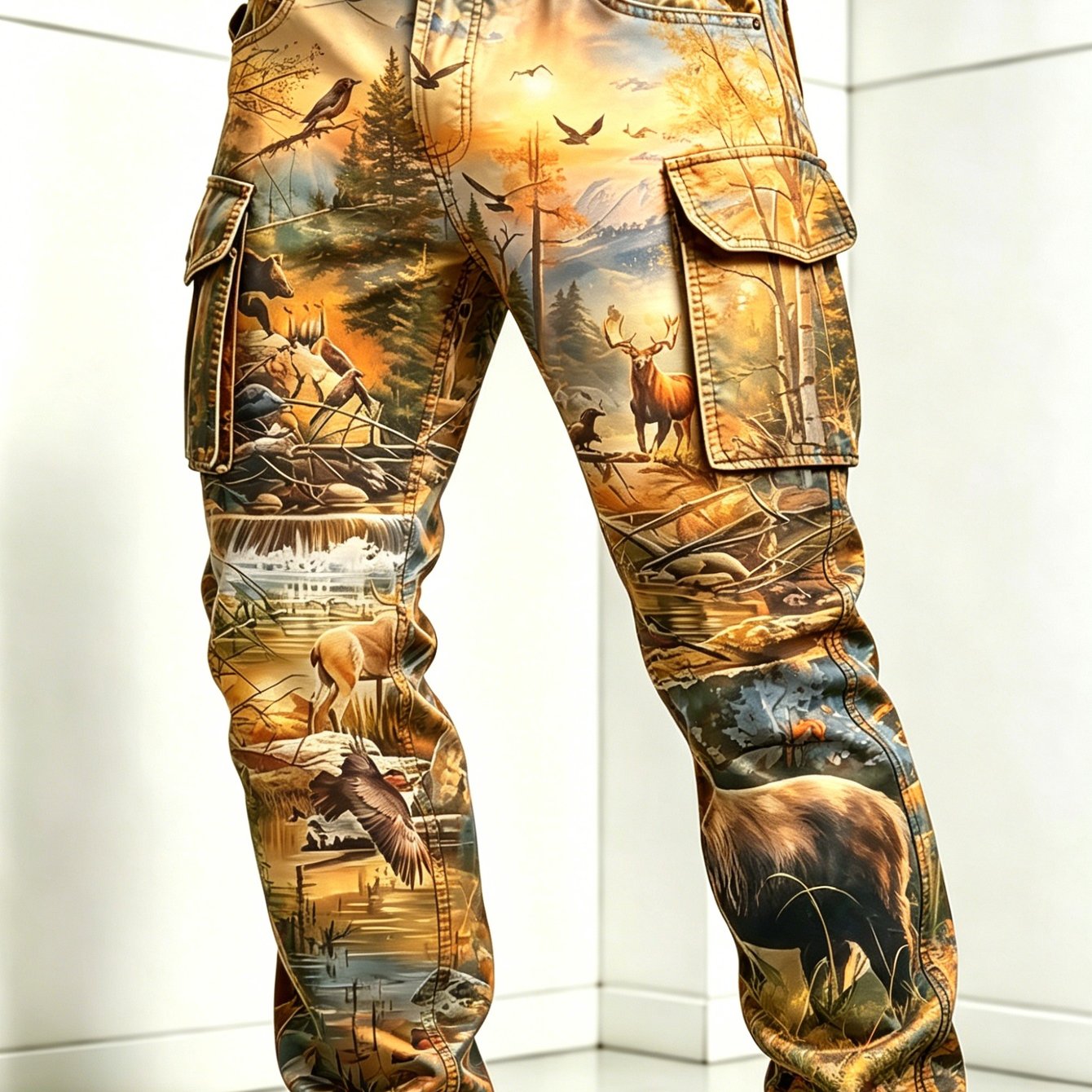 Image of Men's Vintage Forest Wildlife Digital Printed Cargo Pants Outdoor Hiking Camping Casual Straight Leg Trousers