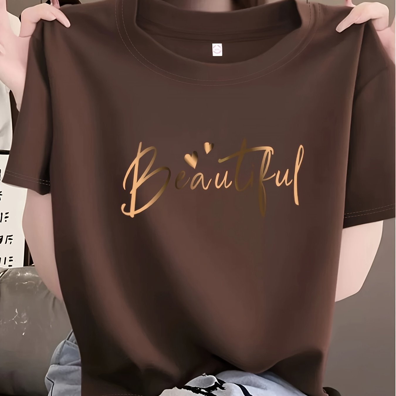 TEMU T-shirt imprimé pour femme, décontracté, polyvalent, à manches courtes, coupe ample, à col rond, simple, , pour /été