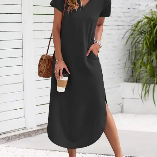 womens summer casual dress 2025 short sleeve v neck loose split long beach shirt dress holiday set
