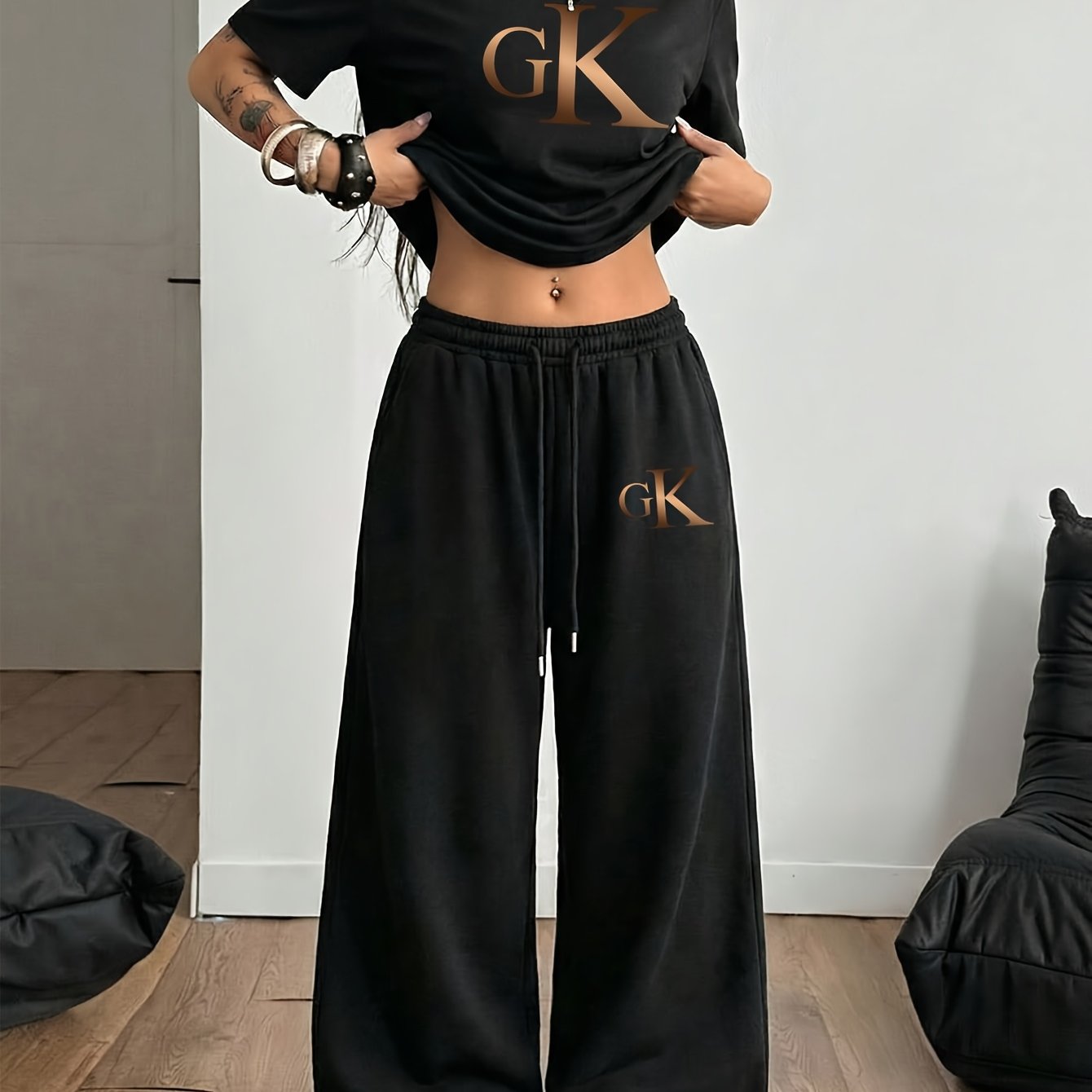 TEMU Women's 2pcs Fun "art Gradient Letter" Print Retro Casual Short-sleeved T-shirt With Drawstring Loose Long Pants, Soft And Comfortable Hip-hop