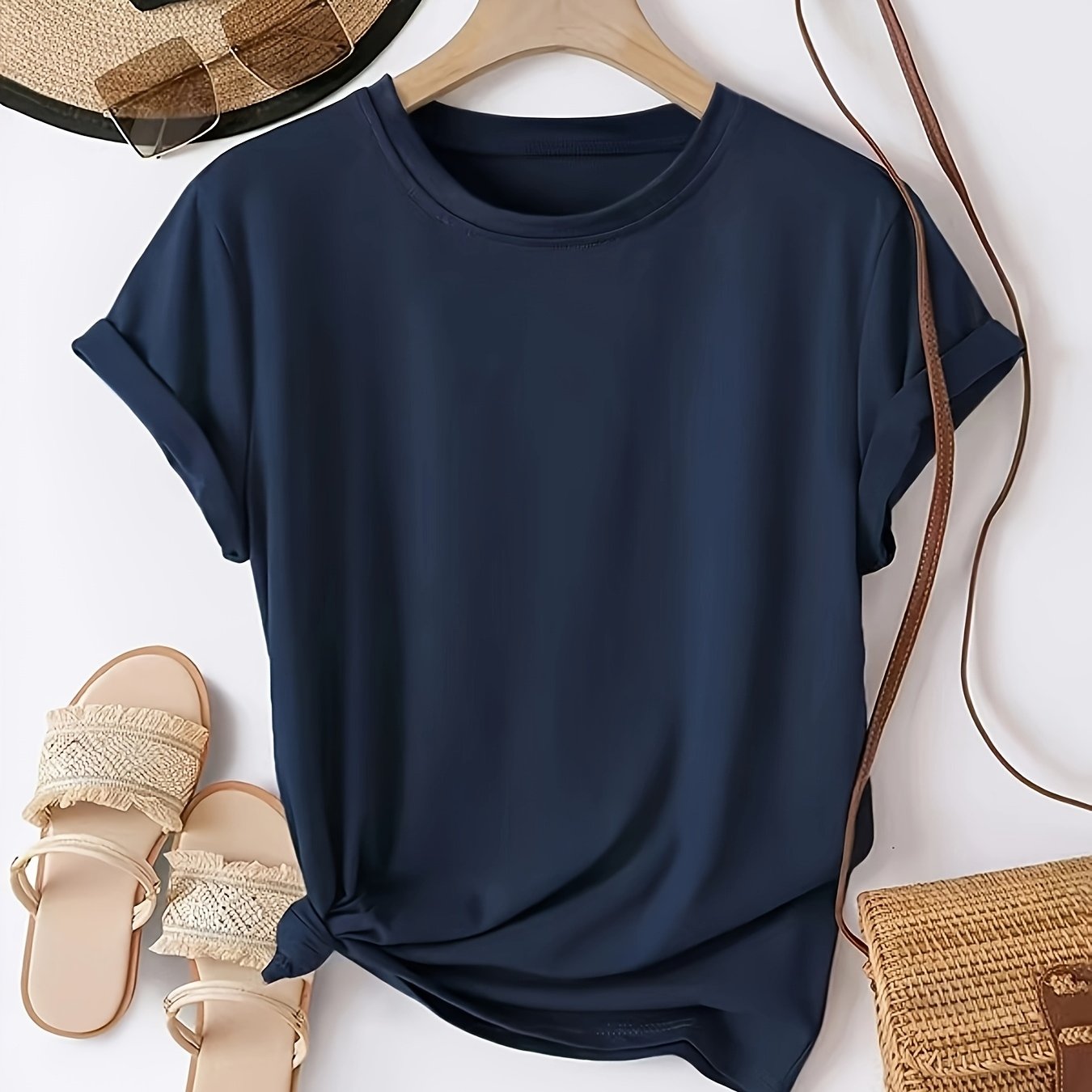 Women's Navy Blue Short Sleeve Round Neck T-shirt - Solid Color Casual -line Regular Fit Pullover, Machine Washable Versatile Blouse For Casual Attire & Layering - Soft Fabric
