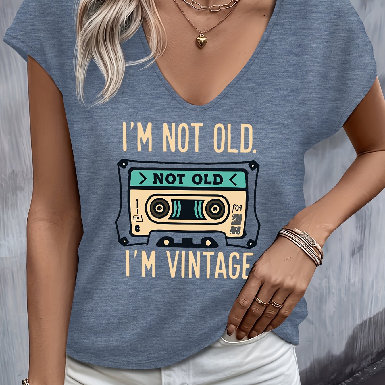 TEMU Women's Vintage Tape Graphic T-shirt - Casual, Short Sleeve, V-neck, Lightweight, Spring/summer Top With " Old. I'm Vintage" Print, Casual
