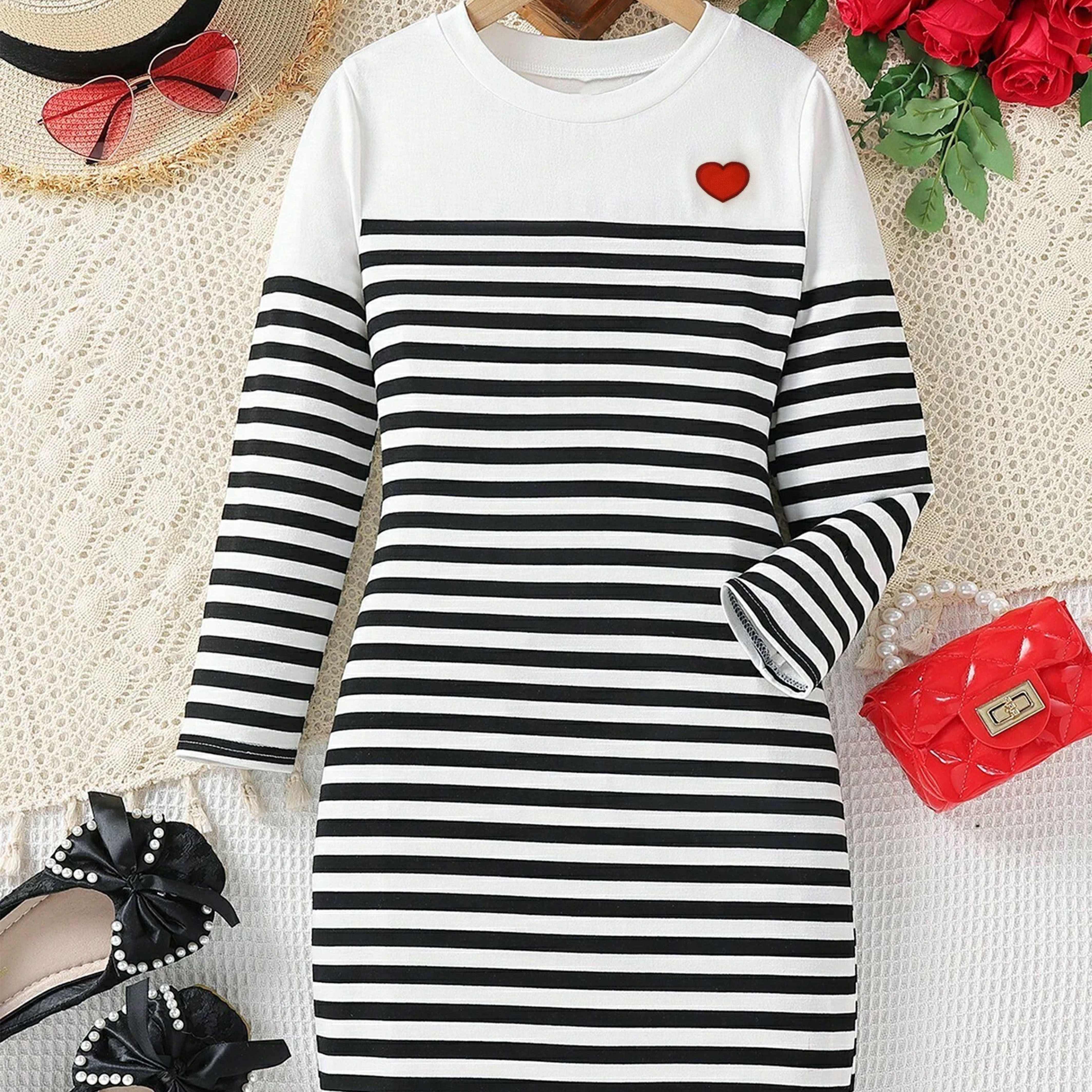 Sweetheart Style, ' Striped Heart Print T-shirt Dress - Polyester, Machine Washable, Perfect For Spring/fall