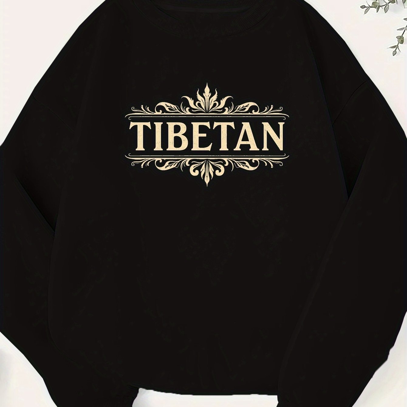 TEMU Crown Tibetan In Serif Font Graphic Print Sweatshirt, Crew Neck Casual Sweatshirt For Fall & Spring, Women's Clothing