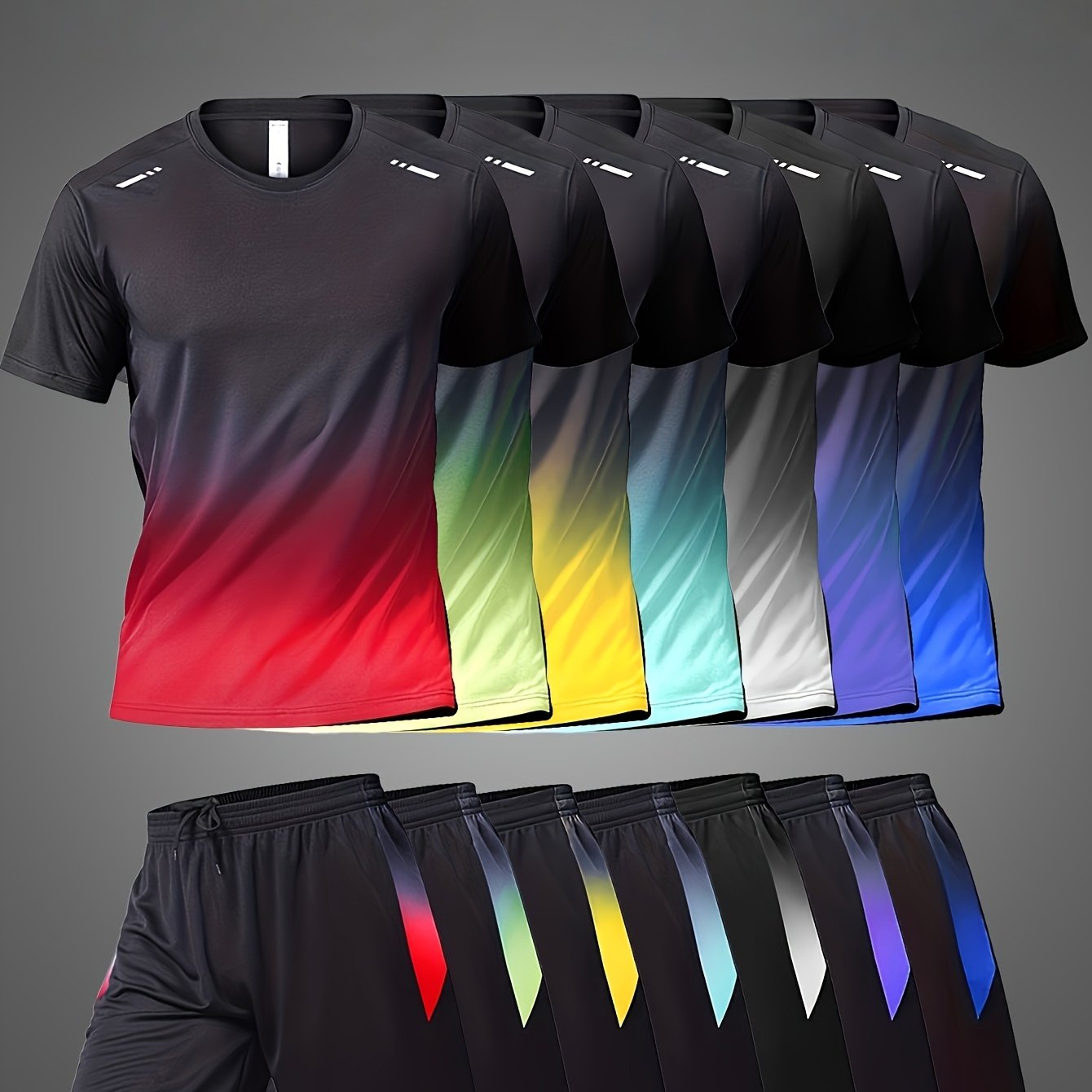 TEMU Ensemble aléatoire 1, Tenue de sport dégradée à séchage rapide pour hommes, T-shirt à manches courtes d'été respirant et short, Tenue