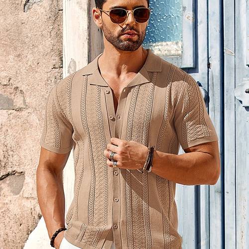 mens vintage inspired light blue knit shirt casual button short sleeve with pointed collar breathable viscose blend for summer beach casual attire casual summer wear summer fashion medium