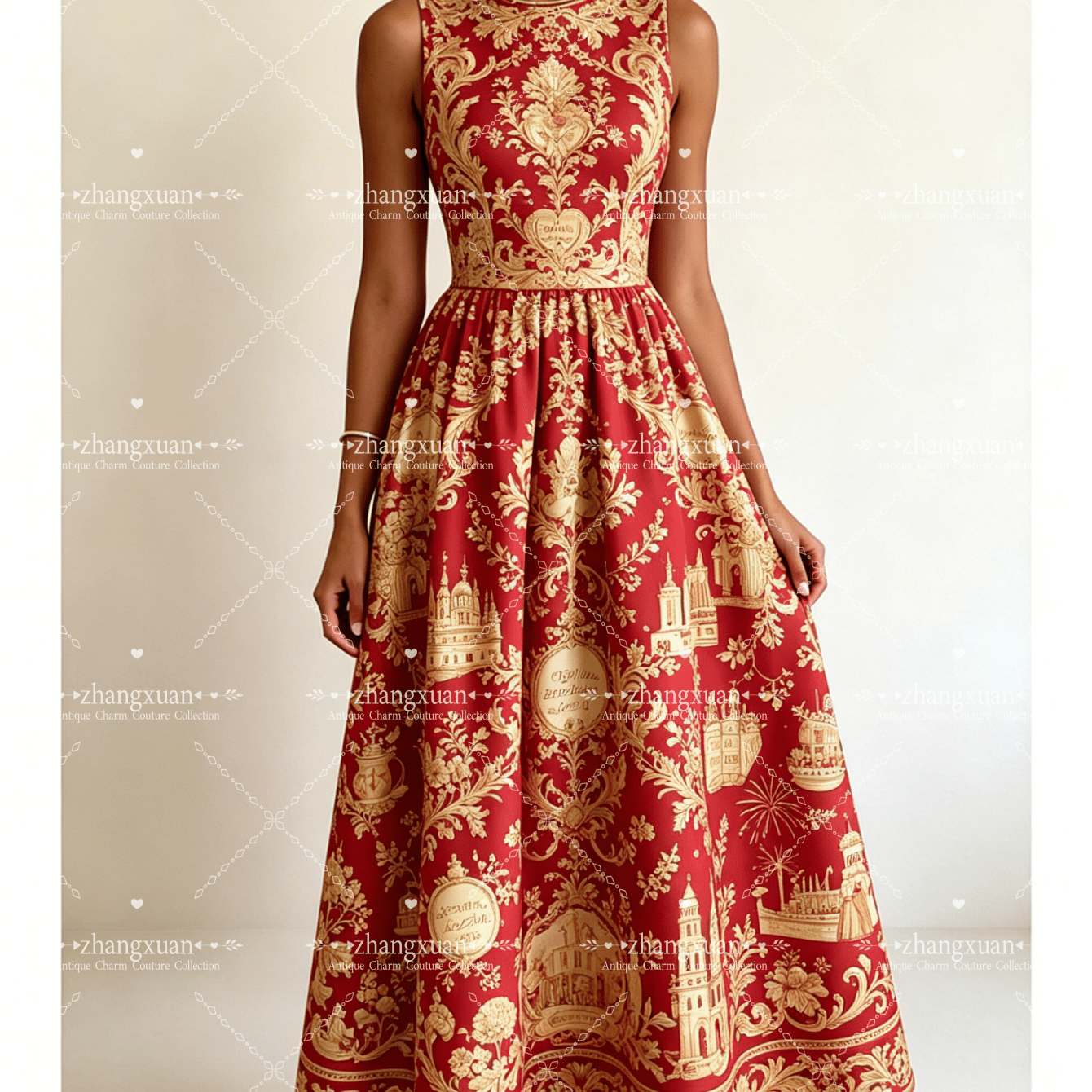 Image of Latest Summer Women's Dress - Elegant Round-neck Sleeveless Long Dress - Pattern Print - Retro - Look - Detailed Waistline Design - Suitable For Work - Outdoor Dinner - Beach Vacation - Daily