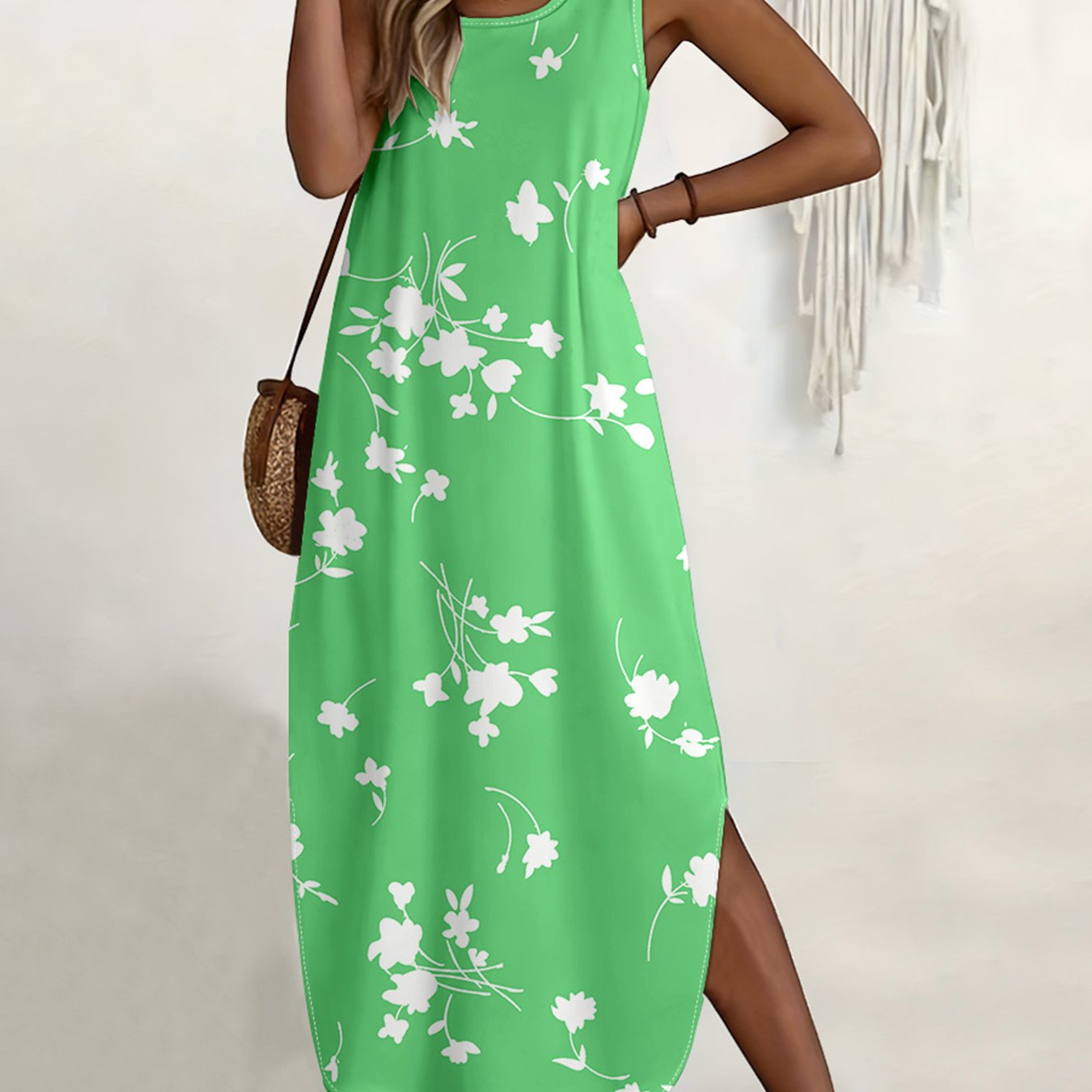 TEMU Plus Size - Plus Size - Plus Size Women's Sleeveless Side Split Boho Vacation Pocket Maxi Dress