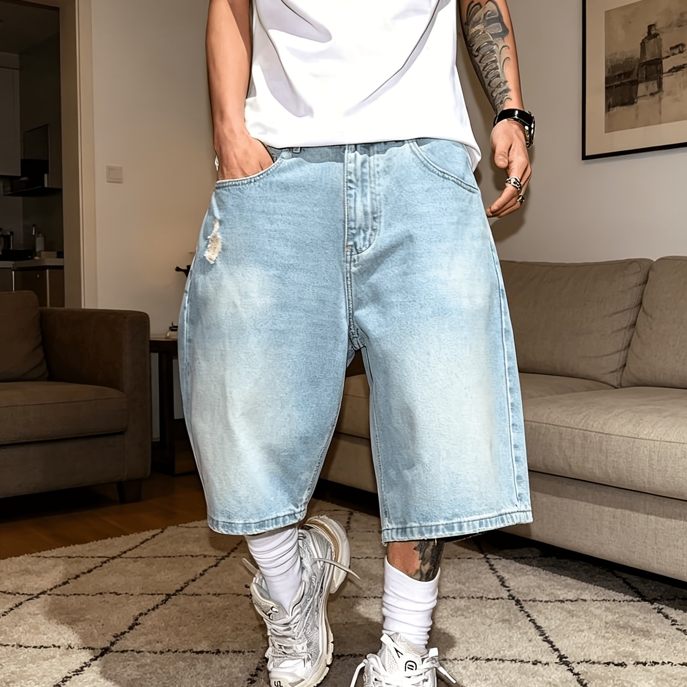 TEMU Men's Perforated Simple Casual Fashion Summer Versatile Denim Shorts Y2k Loose 5 Quarter Pants