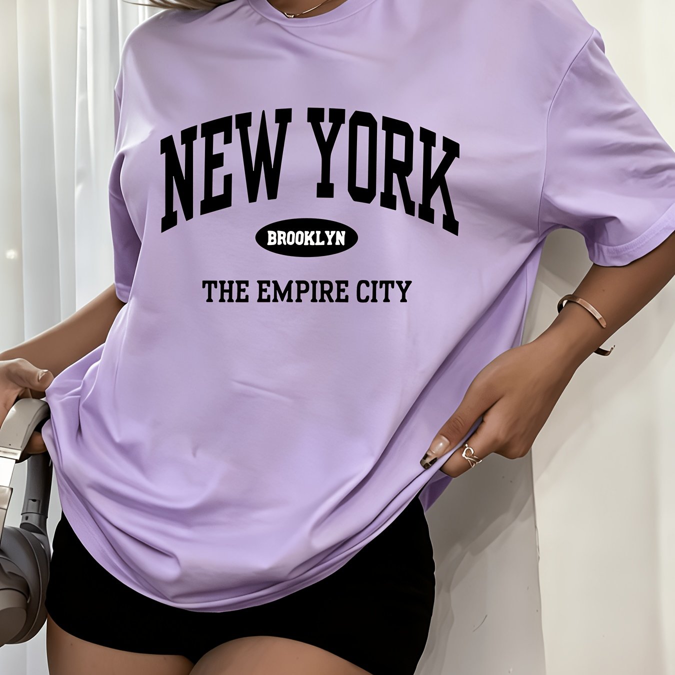 TEMU Women's Oversized Graphic T-shirt - Short Sleeve Crew Neck Tee With Nyc Print, Loose Fit Casual Summer Top Suitable For Spring, Fall Outfits,