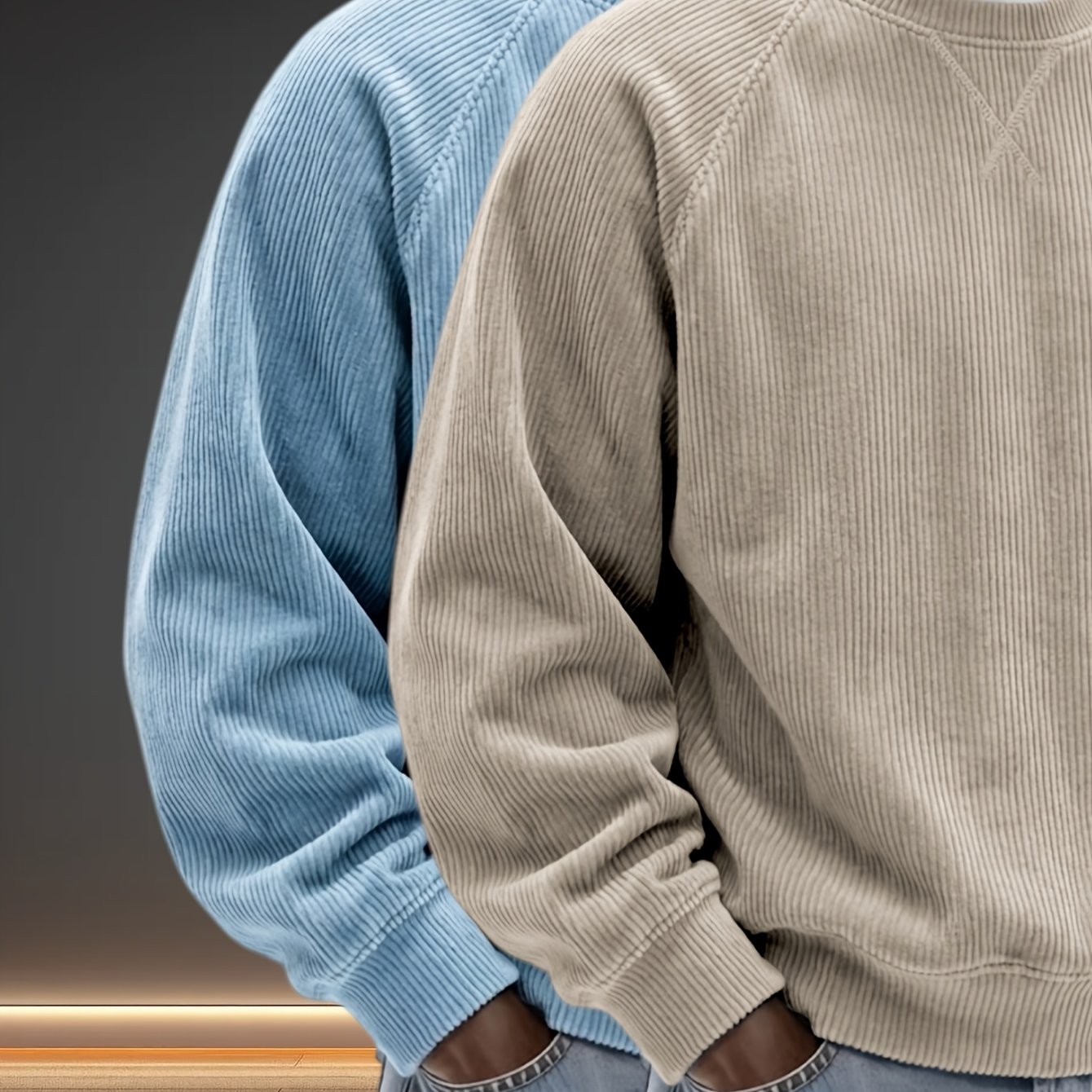 Image of 2pcs Men's Corduroy Sweatshirts, Crew Neck Pullover, Raglan Sleeve Sweatshirt, Textured Long Sleeve Top, Casual Corduroy Hoodies, Loose Fit Men Sweater, Vintage Daily Wear