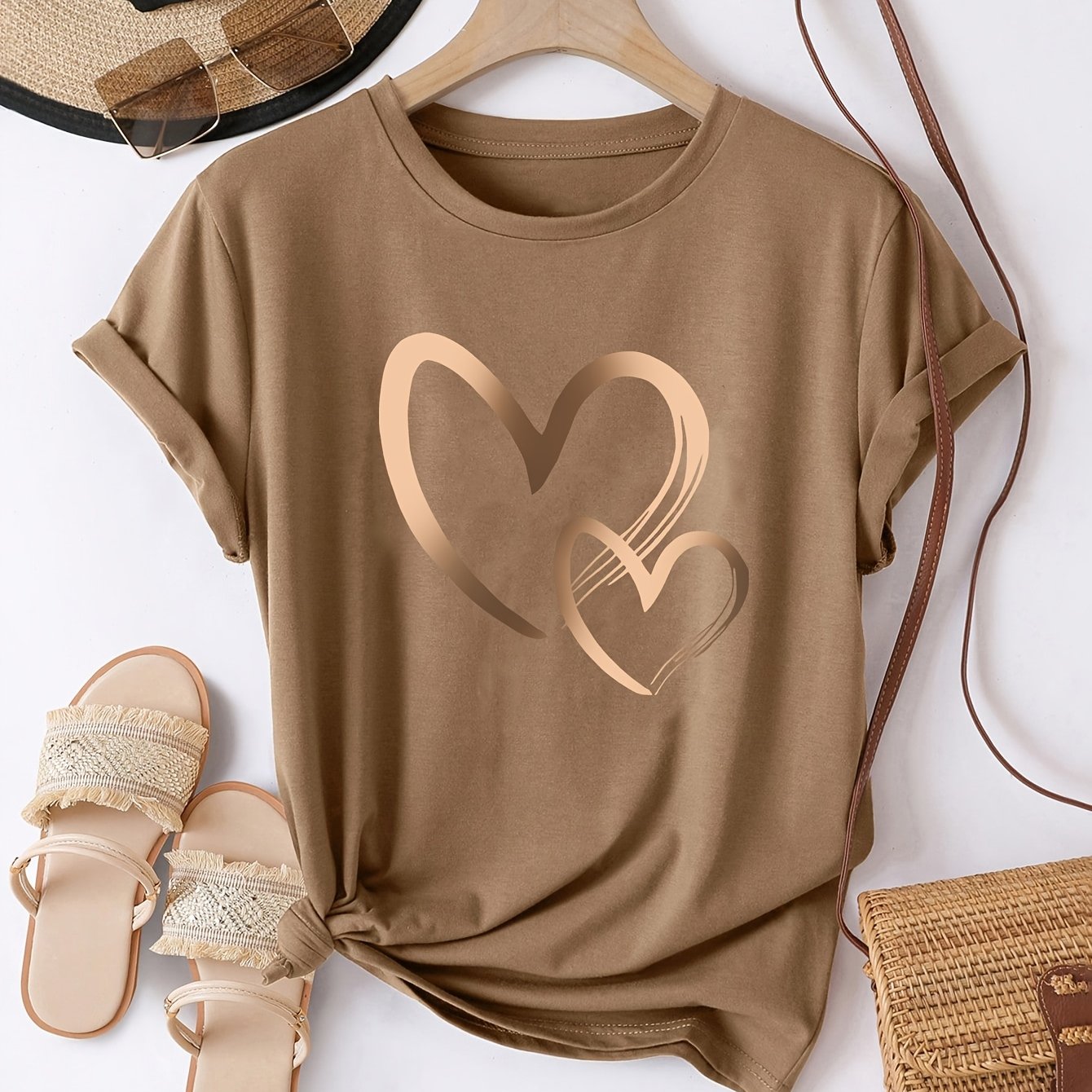 Heart-shaped Love Print Short Sleeves, Casual Plus Size Women's Top, Spring And Summer